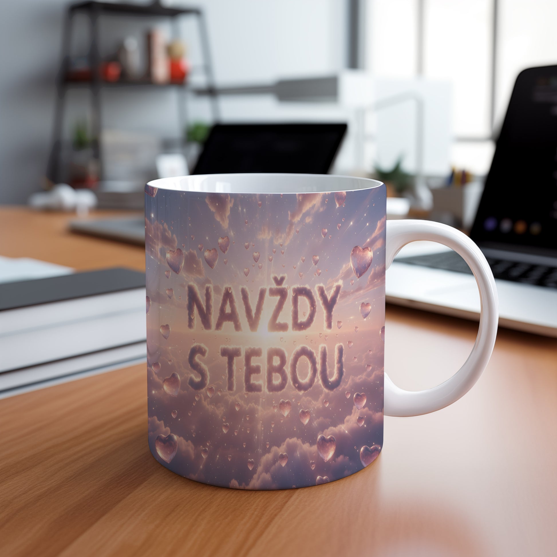 Hrnek s nápisem NAVŽDY S TEBOU na pastelovém pozadí srdcí a mraků.