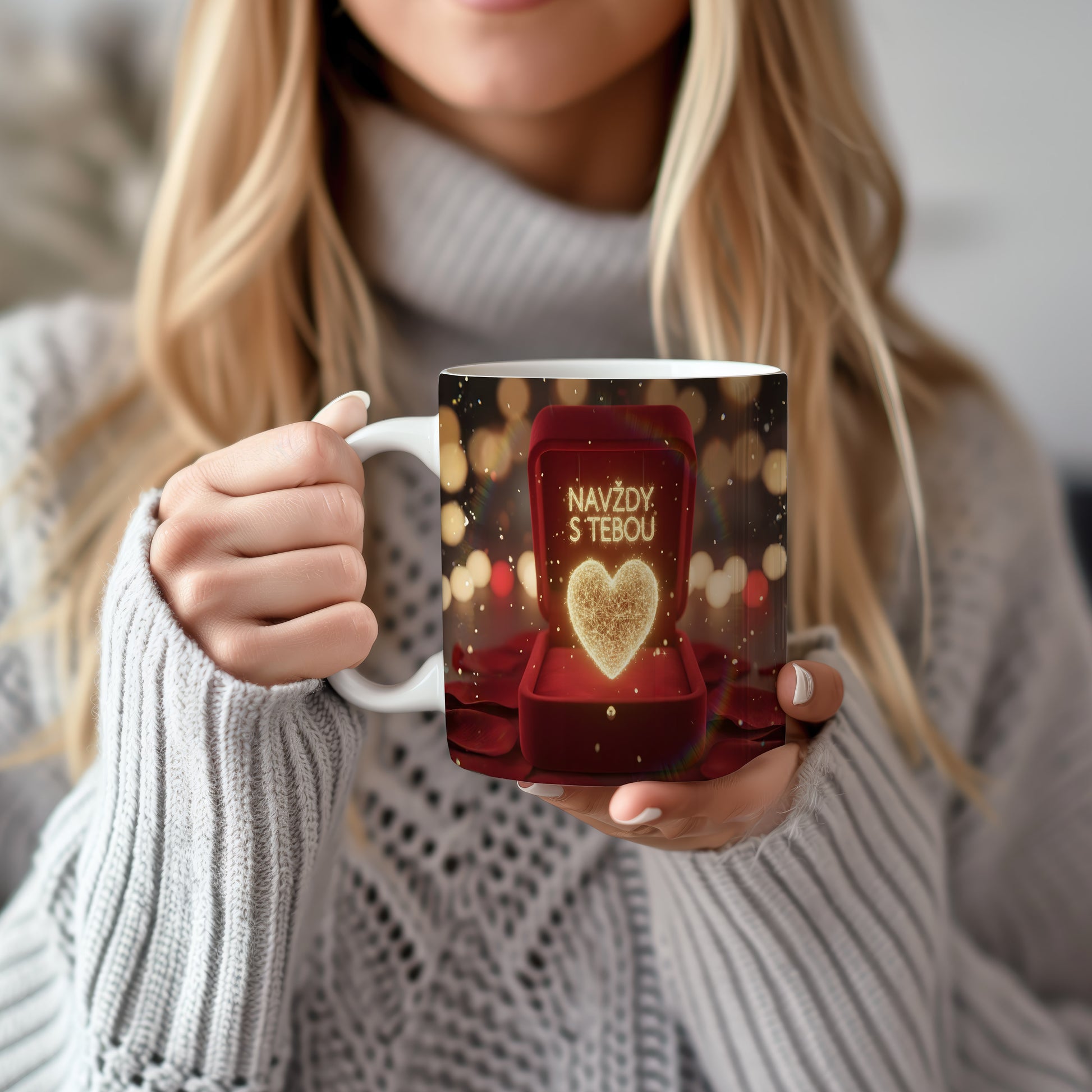 Romantický hrnek s nápisem NAVŽDY S TEBOU a světelným srdcem.