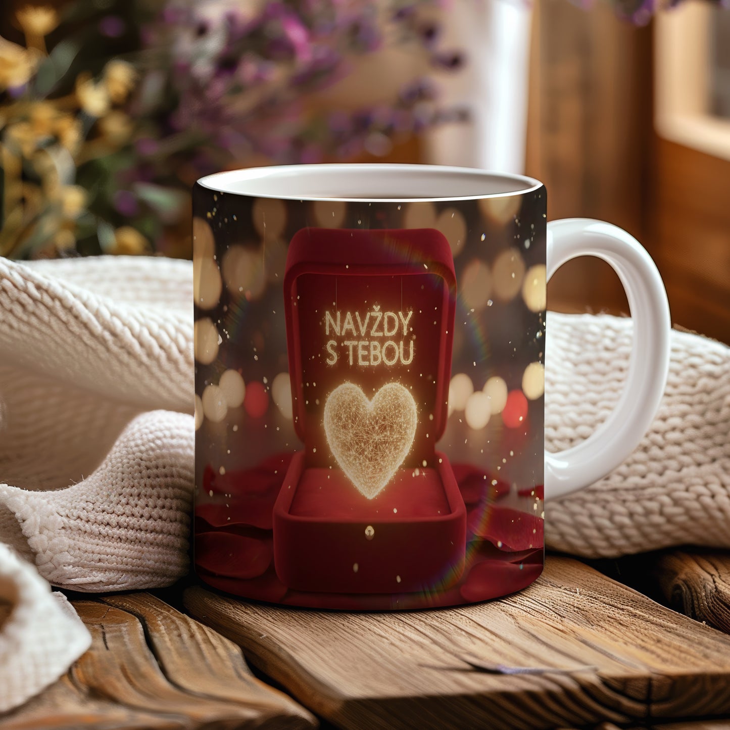 Romantický hrnek s nápisem NAVŽDY S TEBOU a světelným srdcem.