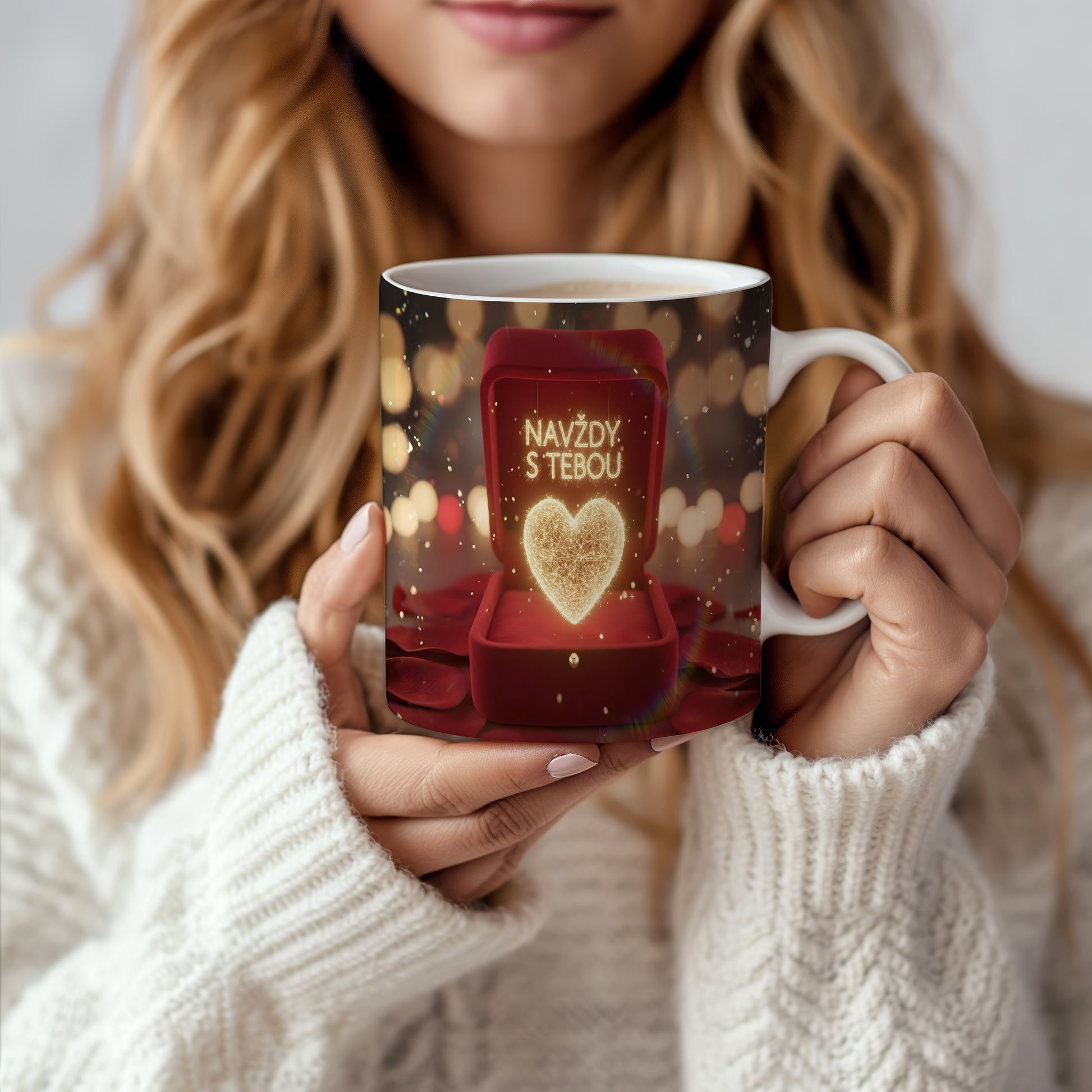 Romantický hrnek s nápisem NAVŽDY S TEBOU a světelným srdcem.