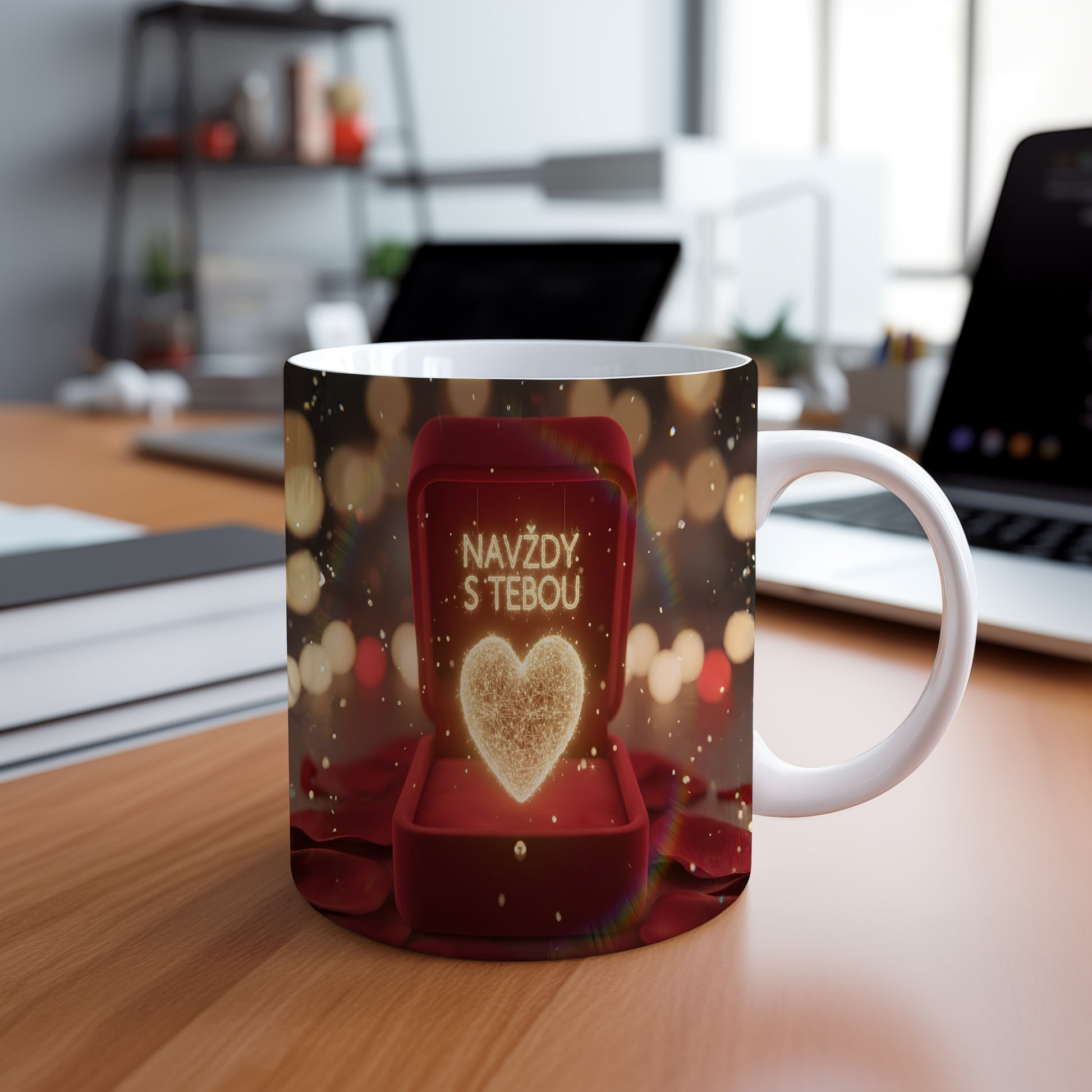 Romantický hrnek s nápisem NAVŽDY S TEBOU a světelným srdcem.