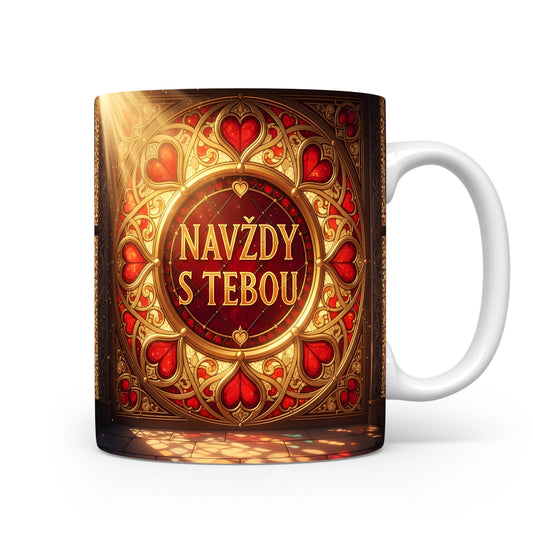 Červený a zlatý hrnek s motivem srdcí a nápisem NAVŽDY S TEBOU.