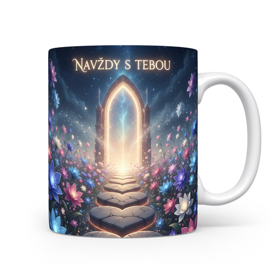 Snový hrnek s květinami a bránou, text 'Navždy s tebou'.