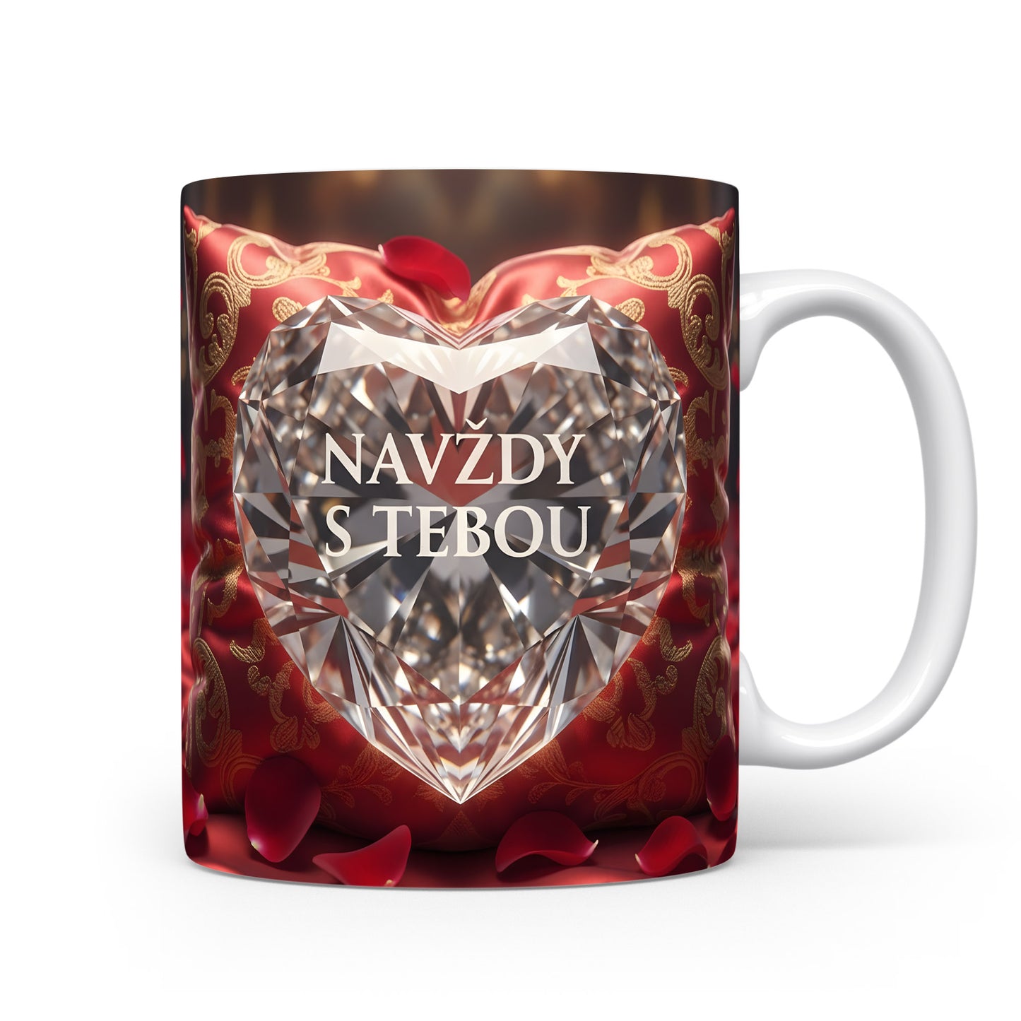 Hrnek s diamantovým srdcem a nápisem NAVŽDY S TEBOU na červeném polštáři.