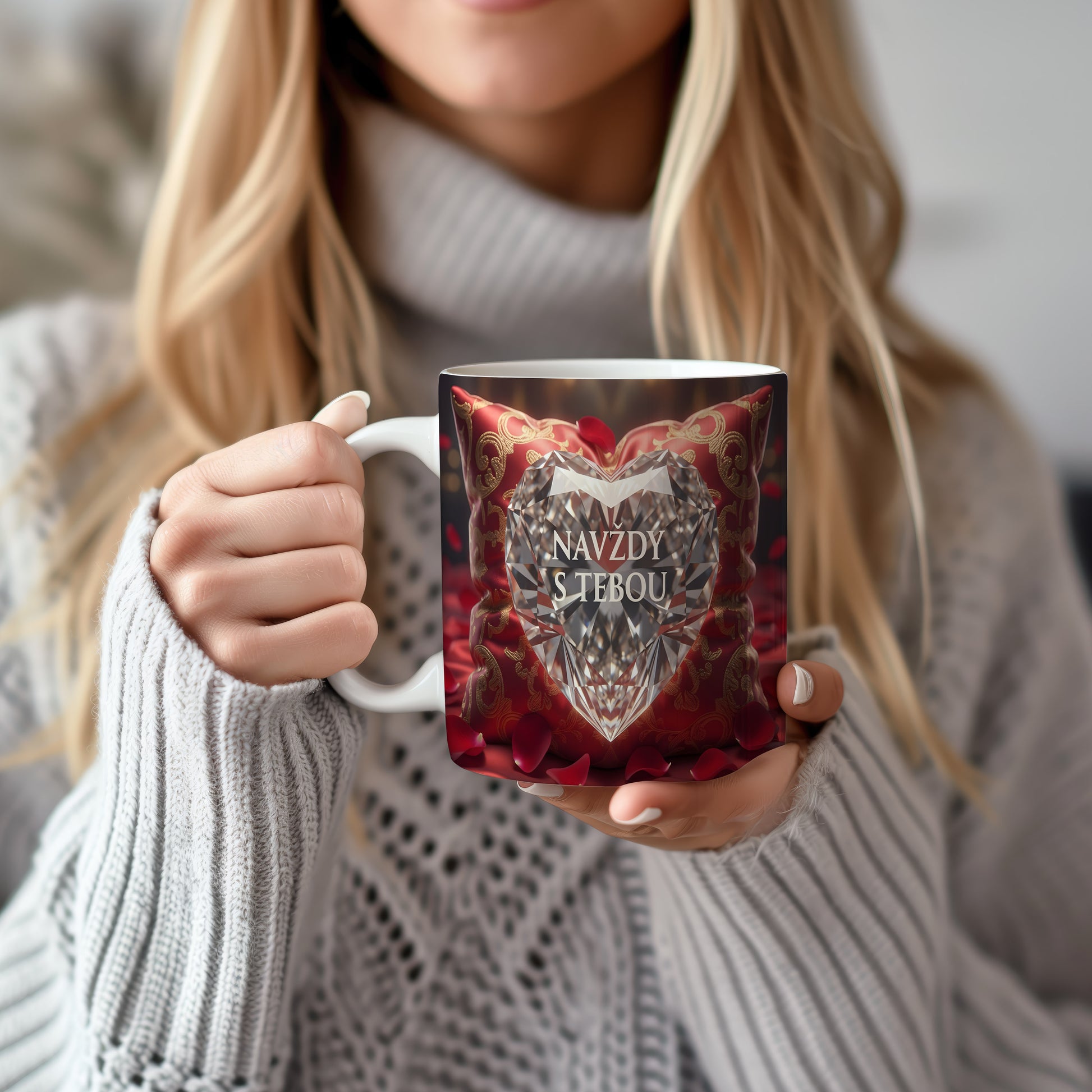 Hrnek s diamantovým srdcem a nápisem NAVŽDY S TEBOU na červeném polštáři.