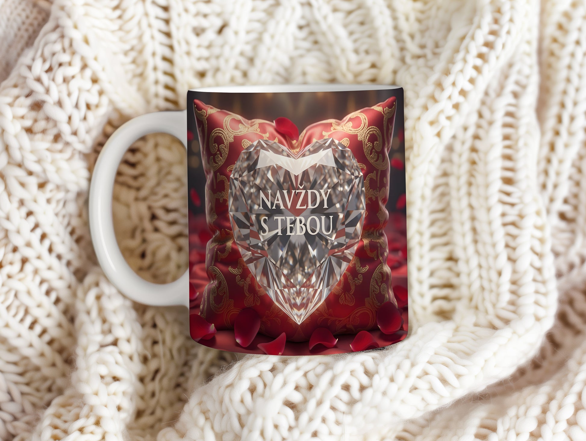 Hrnek s diamantovým srdcem a nápisem NAVŽDY S TEBOU na červeném polštáři.