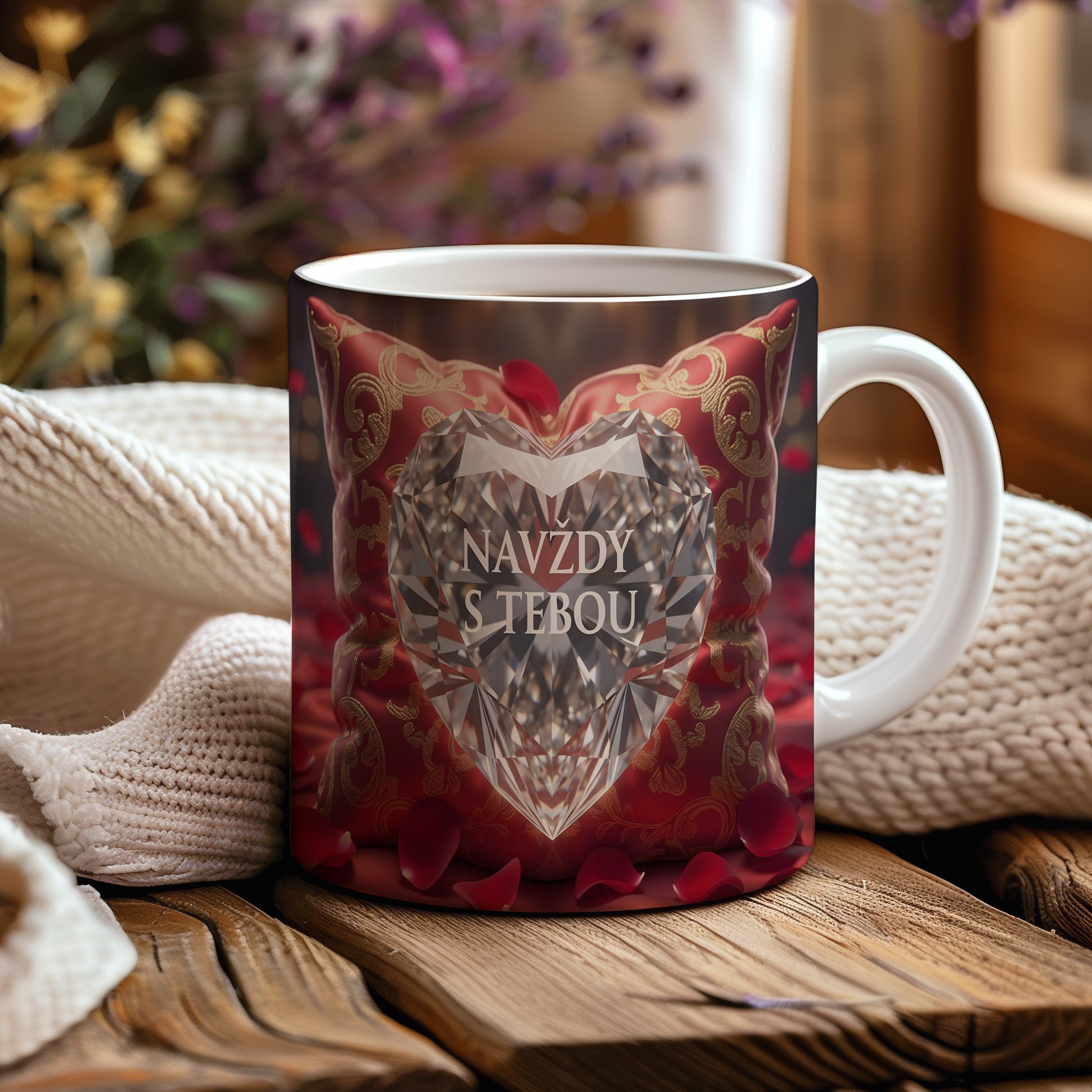 Hrnek s diamantovým srdcem a nápisem NAVŽDY S TEBOU na červeném polštáři.