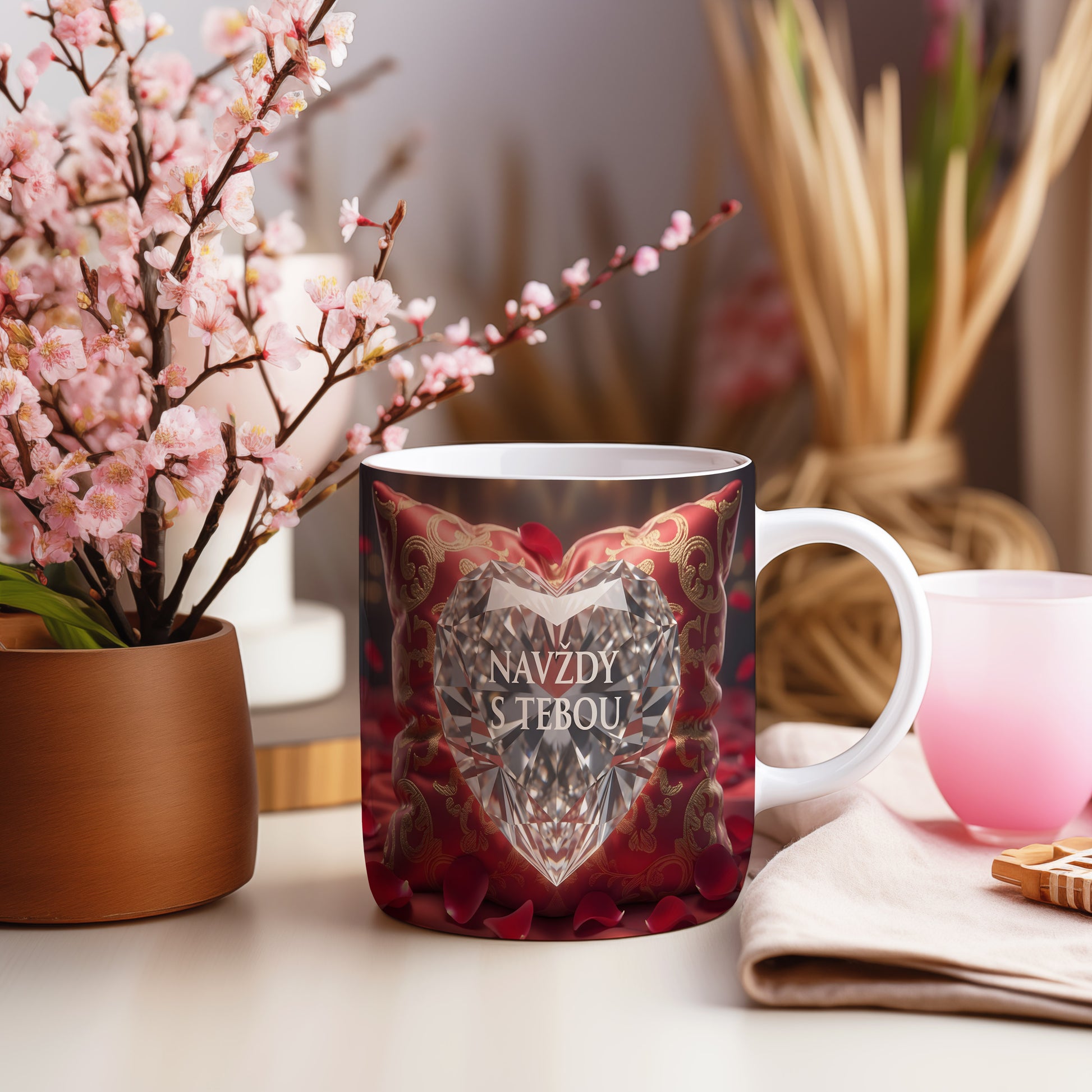 Hrnek s diamantovým srdcem a nápisem NAVŽDY S TEBOU na červeném polštáři.