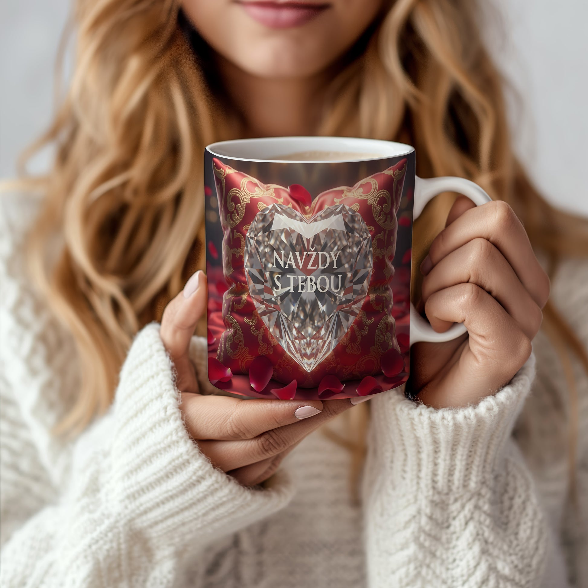 Hrnek s diamantovým srdcem a nápisem NAVŽDY S TEBOU na červeném polštáři.