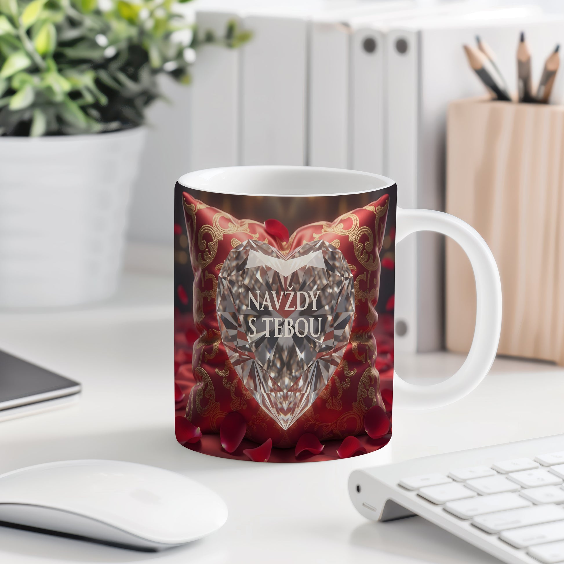 Hrnek s diamantovým srdcem a nápisem NAVŽDY S TEBOU na červeném polštáři.