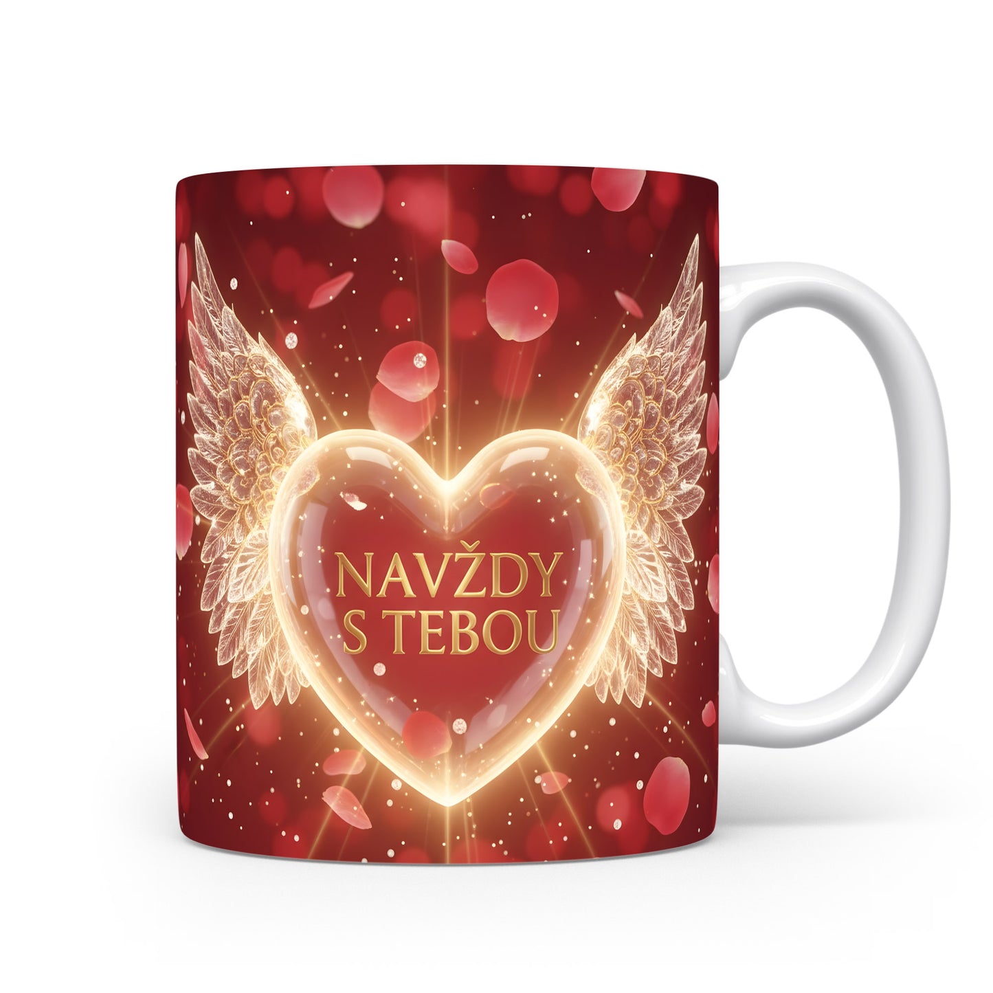 Červený hrnek s motivem srdce a křídel.