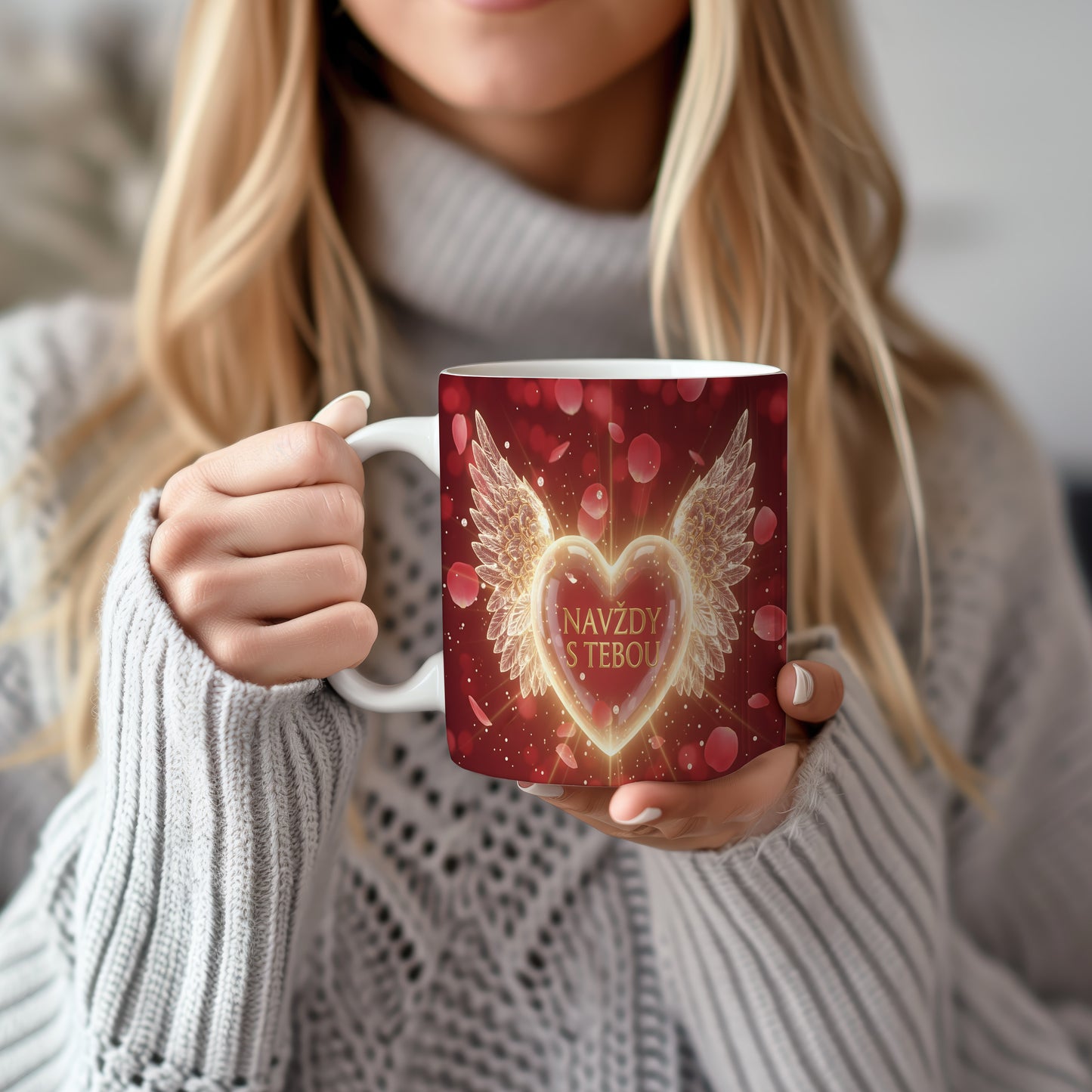 Červený hrnek s motivem srdce a křídel.