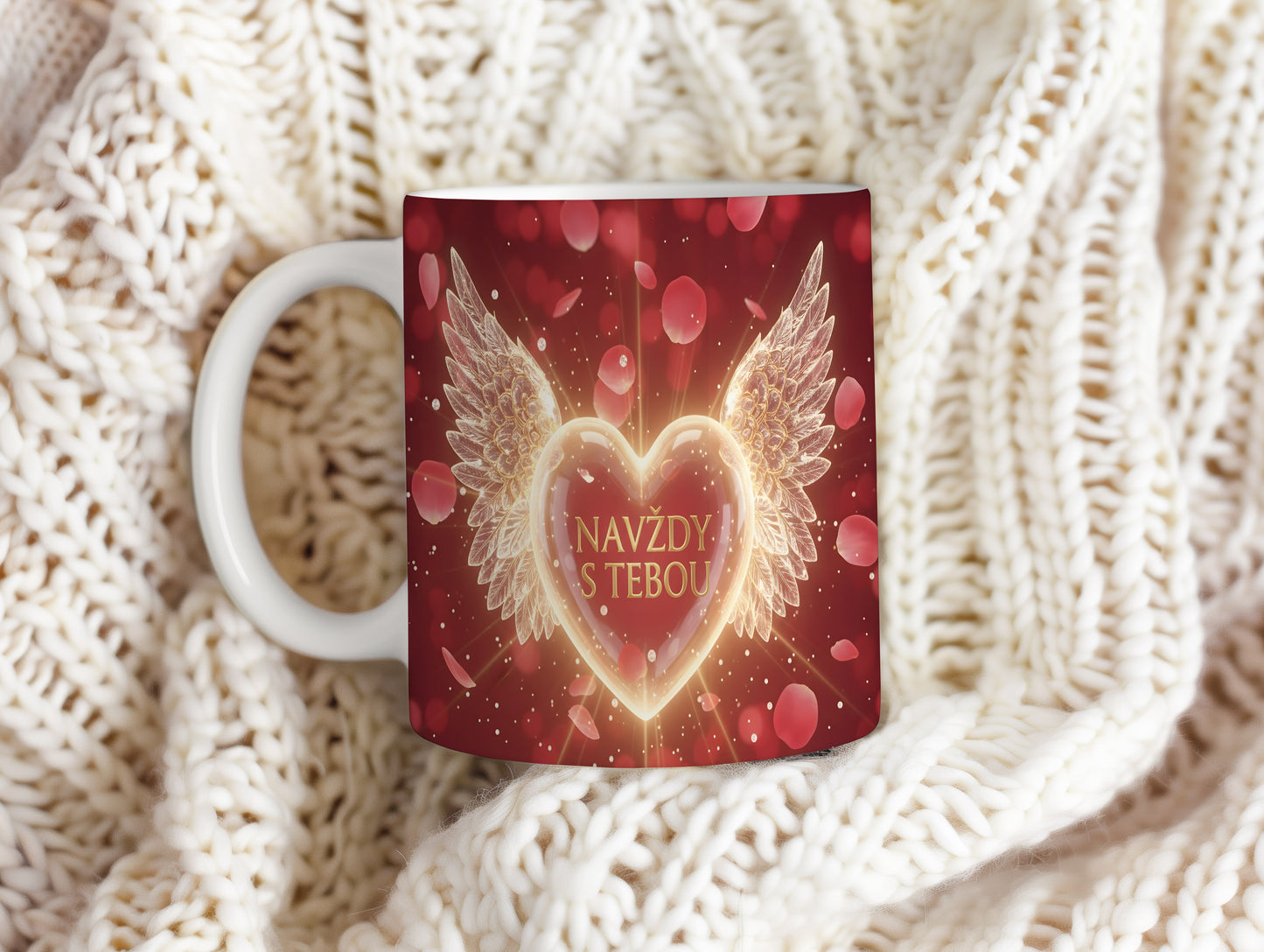 Červený hrnek s motivem srdce a křídel.