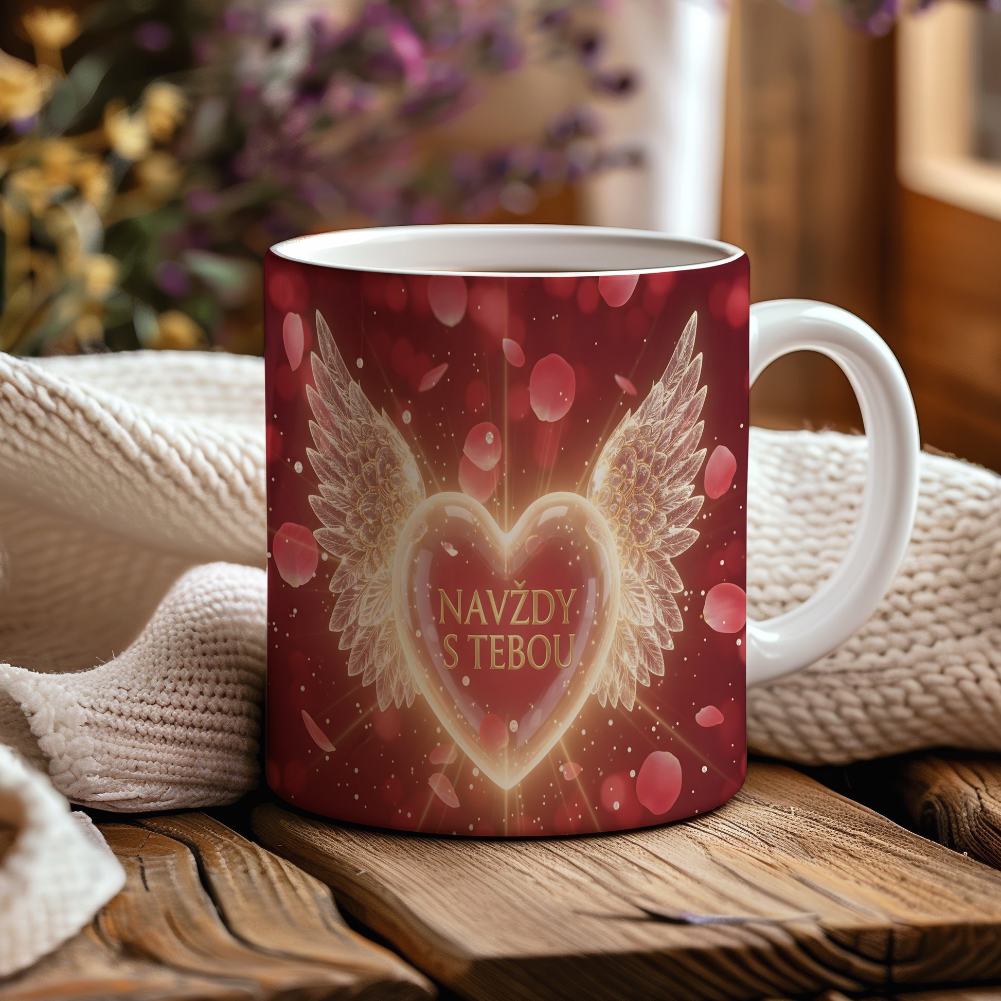 Červený hrnek s motivem srdce a křídel.