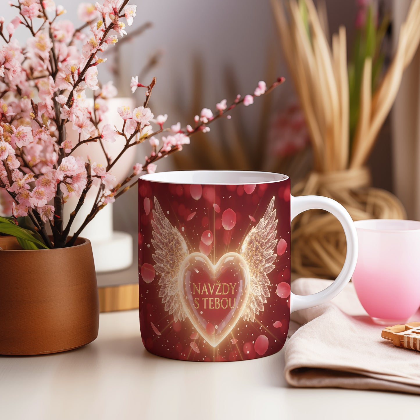 Červený hrnek s motivem srdce a křídel.