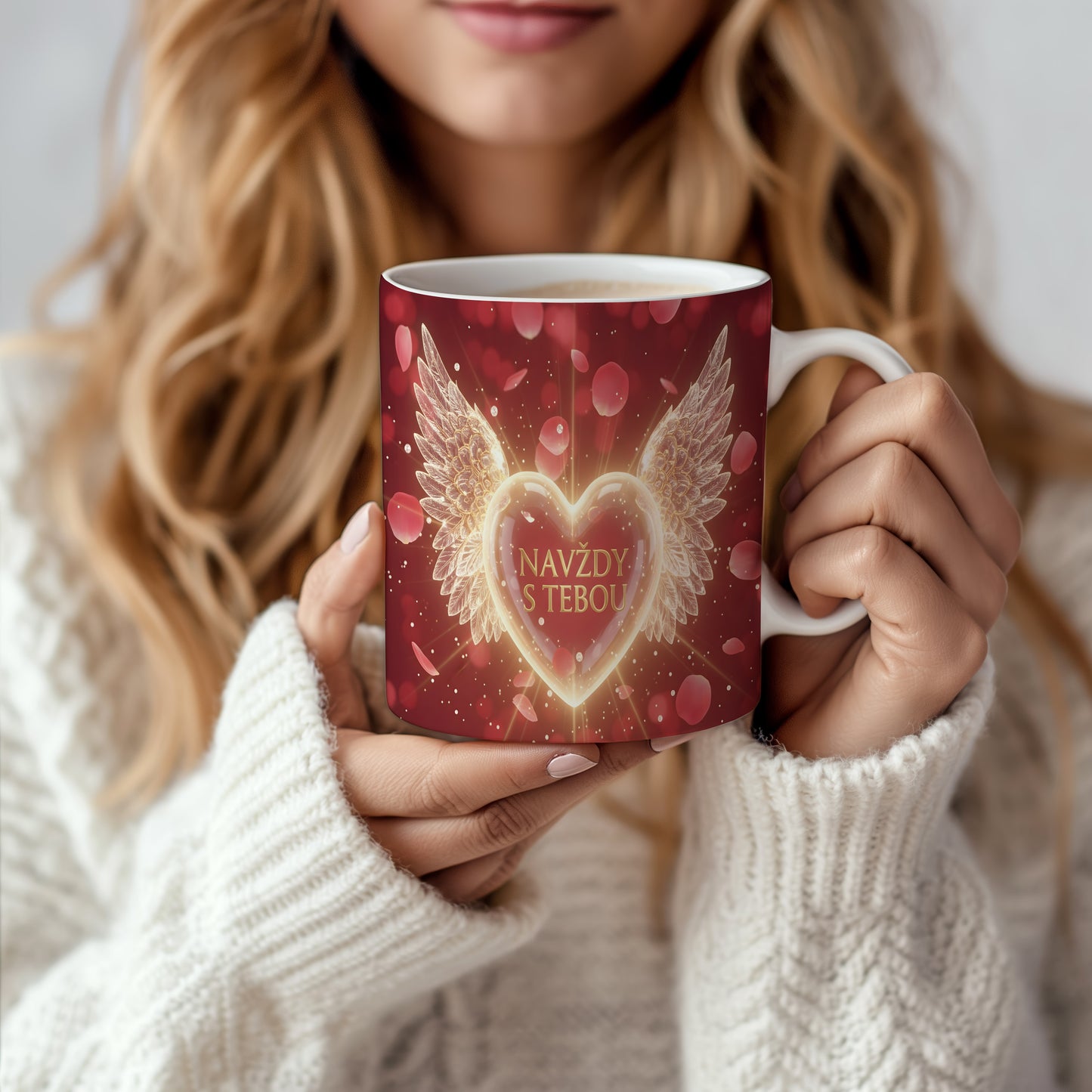 Červený hrnek s motivem srdce a křídel.