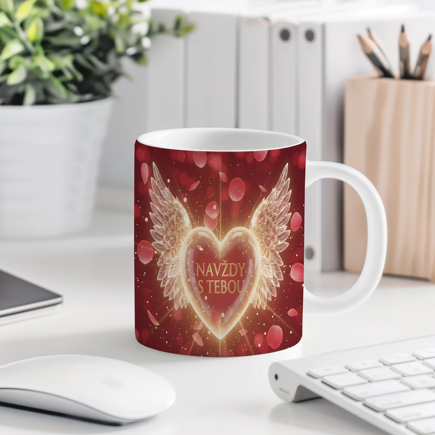 Červený hrnek s motivem srdce a křídel.