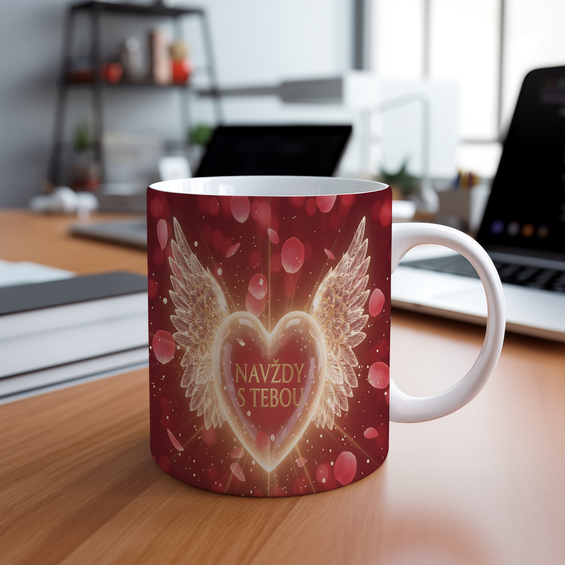 Červený hrnek s motivem srdce a křídel.