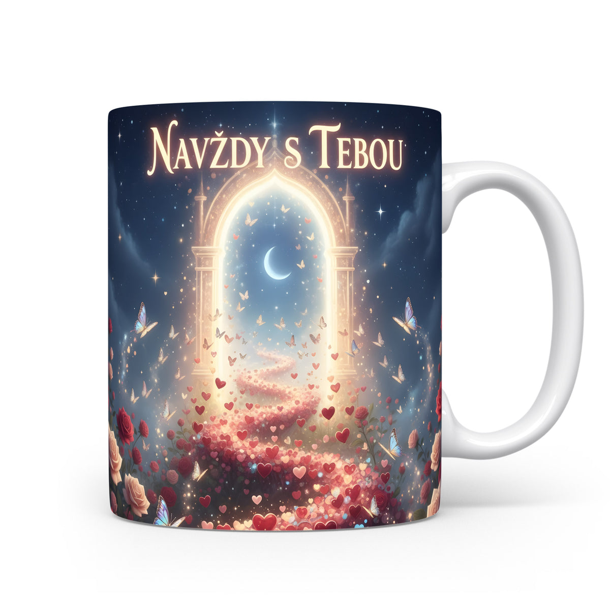 Romantický hrnek s motivem srdcí, růží a motýlů pod hvězdnou oblohou.