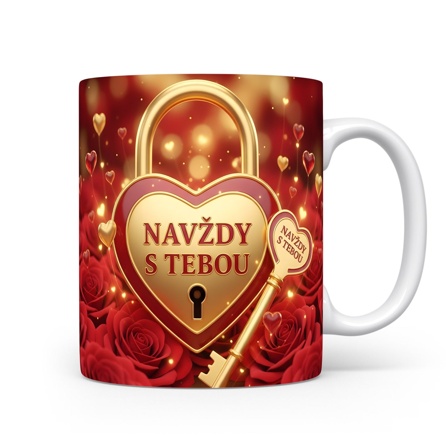 Červený hrnek se zlatým srdcem a klíčem, růže kolem.