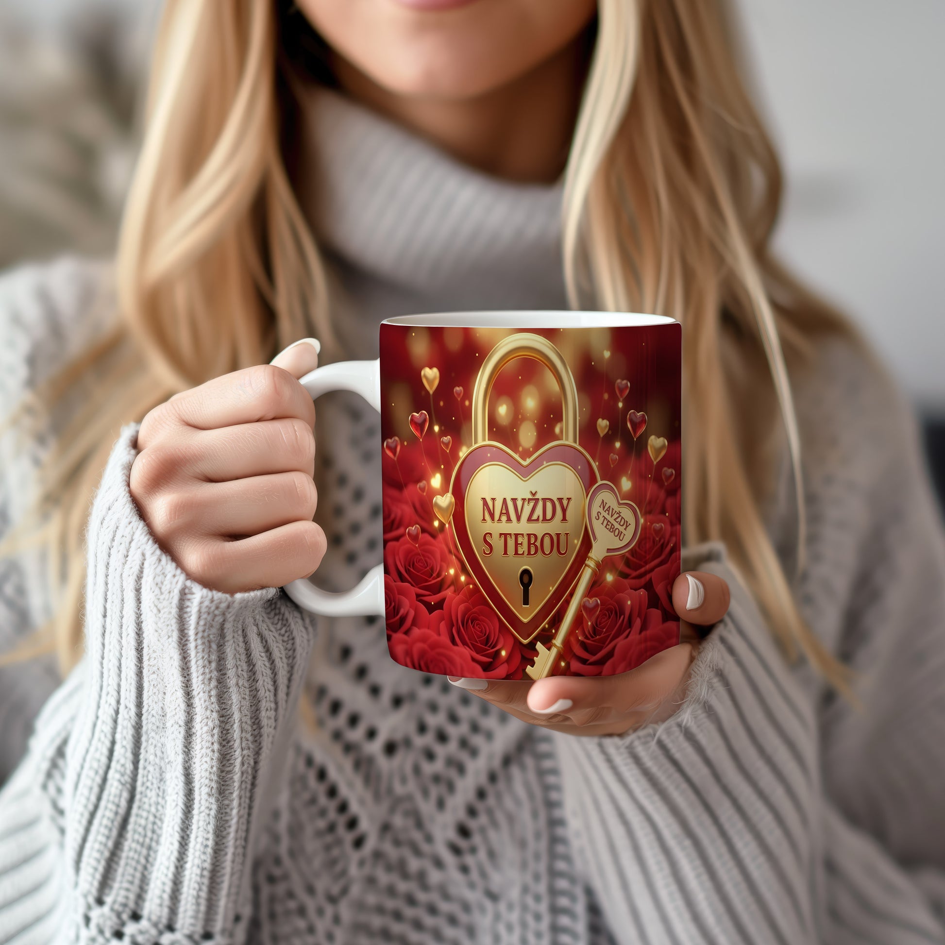 Červený hrnek se zlatým srdcem a klíčem, růže kolem.