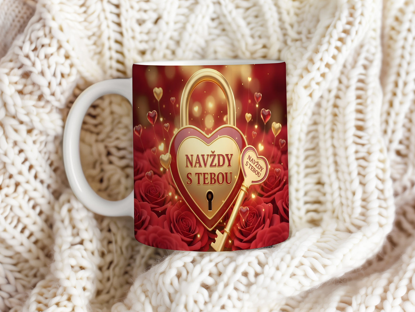 Červený hrnek se zlatým srdcem a klíčem, růže kolem.