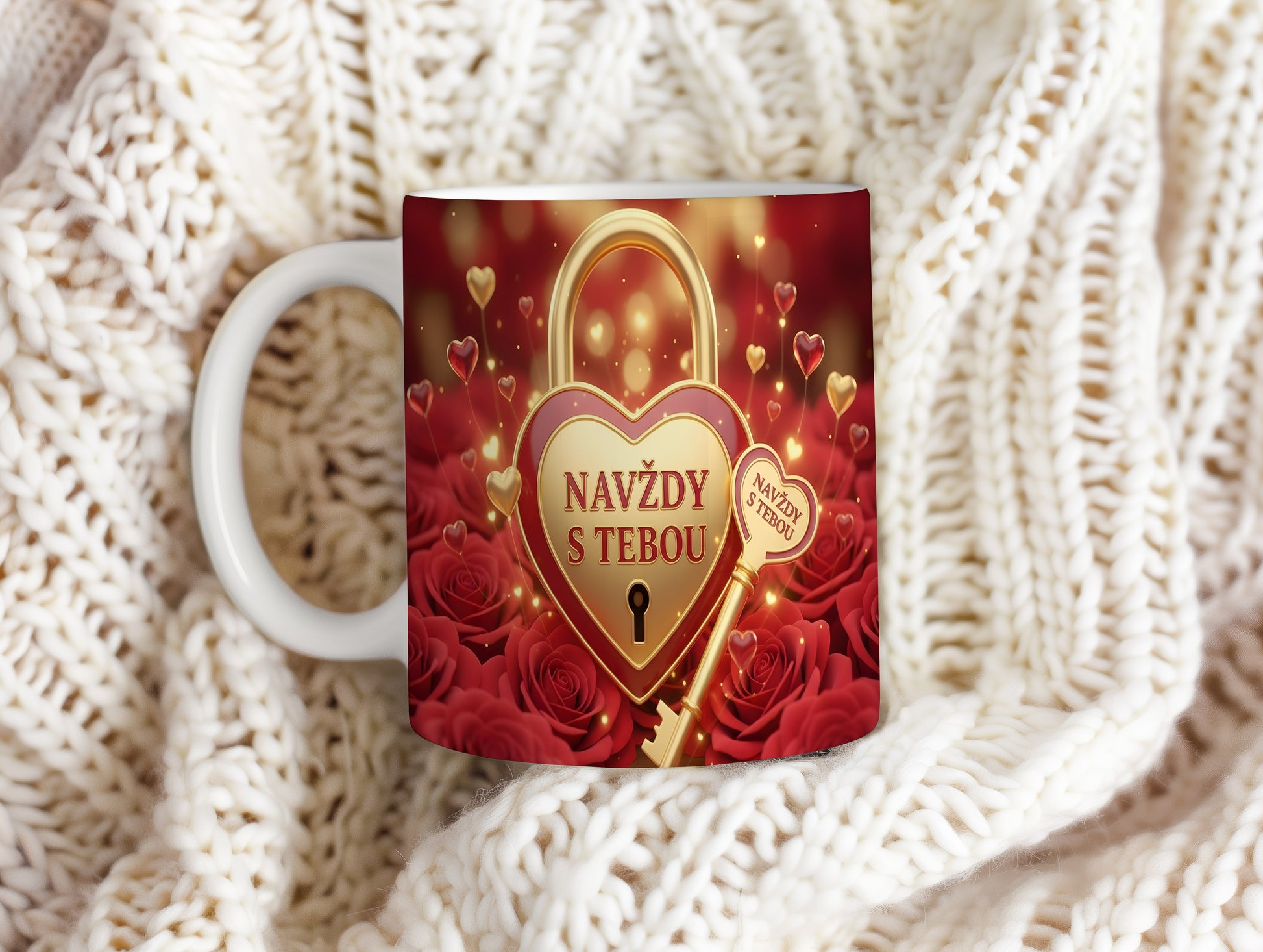 Červený hrnek se zlatým srdcem a klíčem, růže kolem.