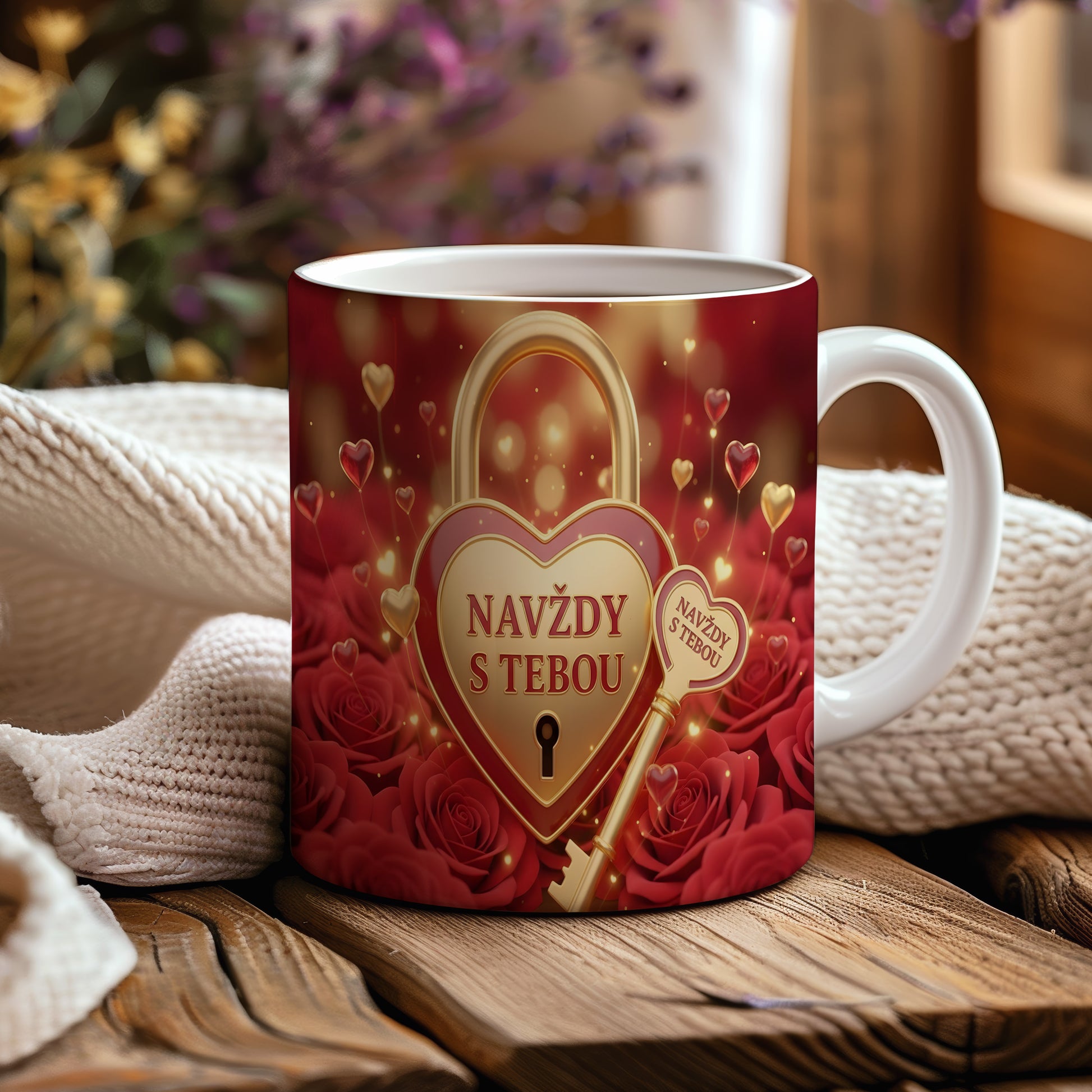 Červený hrnek se zlatým srdcem a klíčem, růže kolem.