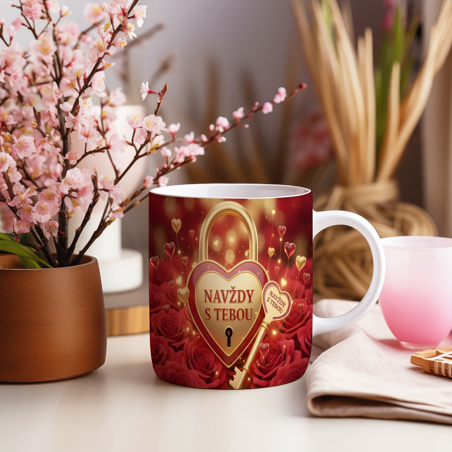 Červený hrnek se zlatým srdcem a klíčem, růže kolem.