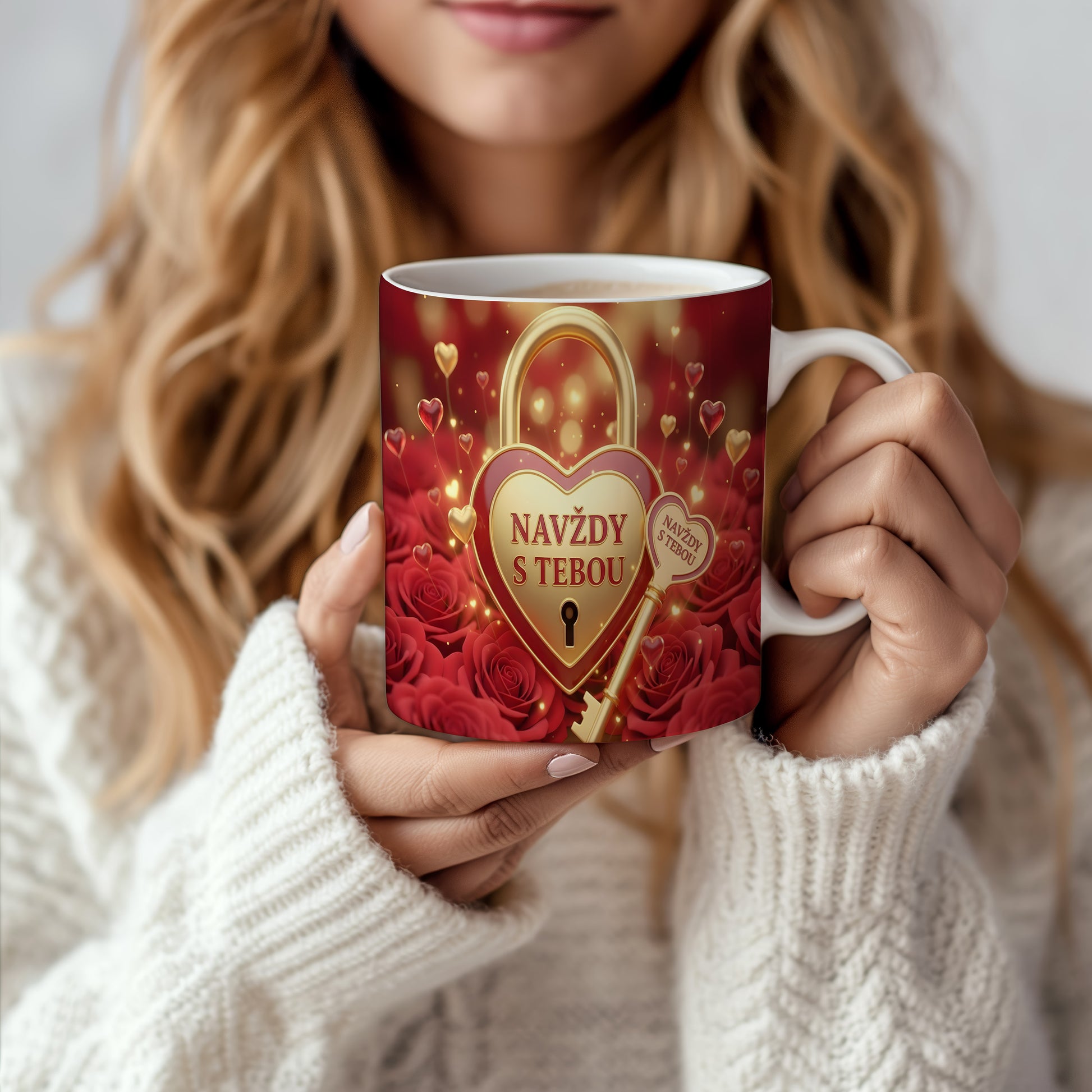 Červený hrnek se zlatým srdcem a klíčem, růže kolem.