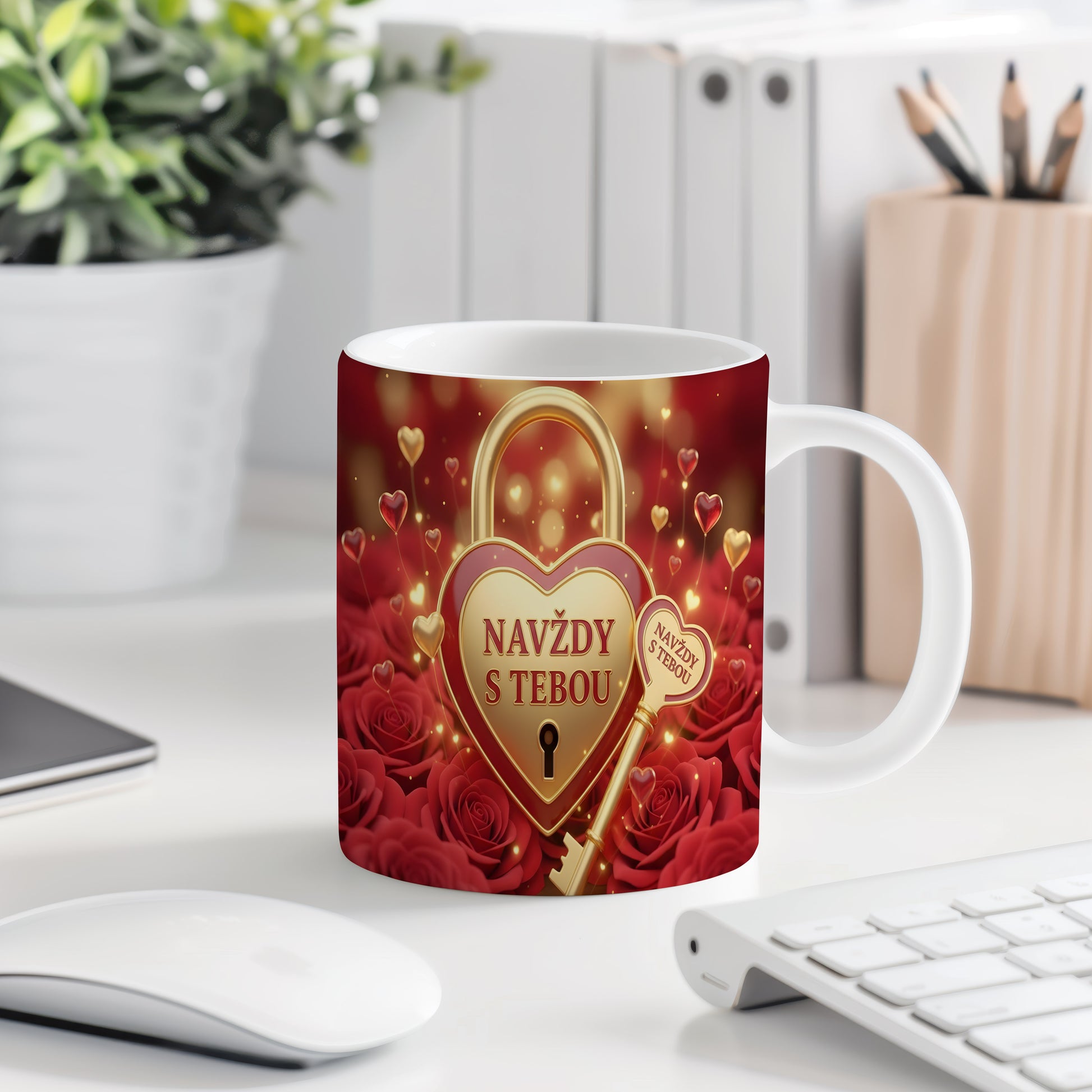 Červený hrnek se zlatým srdcem a klíčem, růže kolem.