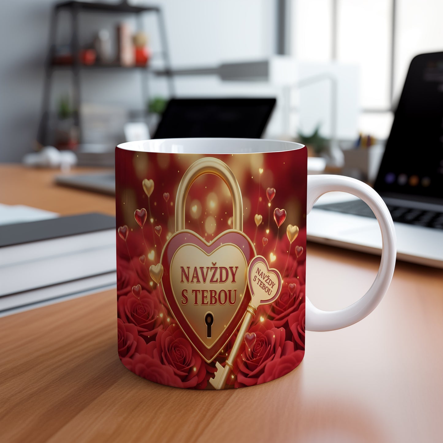 Červený hrnek se zlatým srdcem a klíčem, růže kolem.