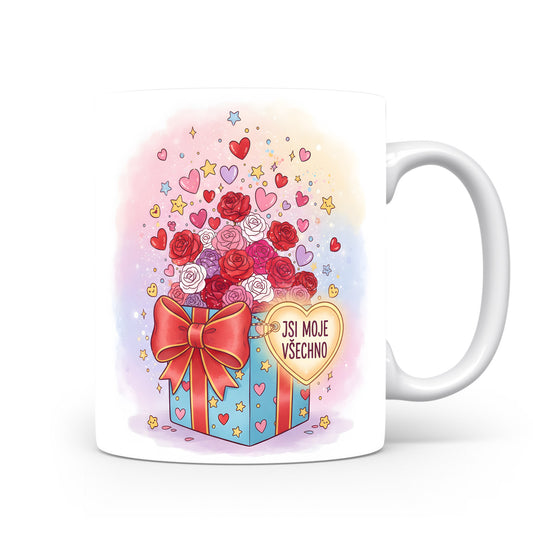 Romantický hrnek s motivem srdcí, růží a nápisem JSI MOJE VŠECHNO.