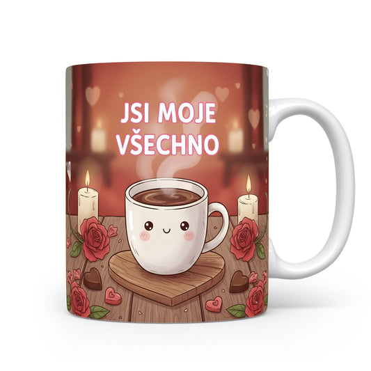 Romantický hrnek s nápisem JSI MOJE VŠECHNO, srdci, růžemi a svíčkami.