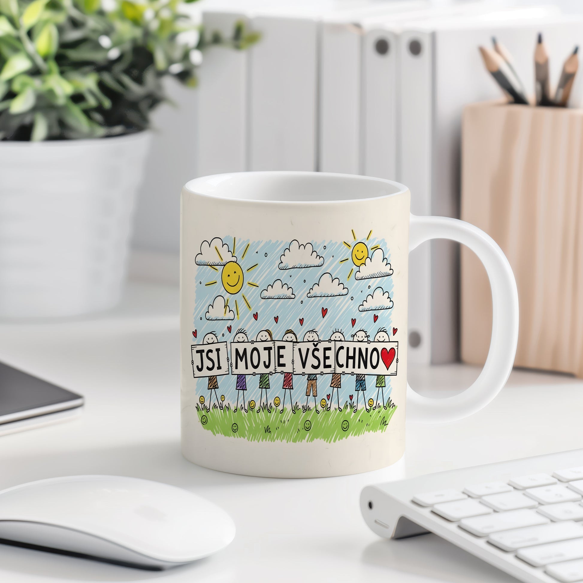 Hravý hrnek s nápisem JSI MOJE VŠECHNO, slunce a srdce.