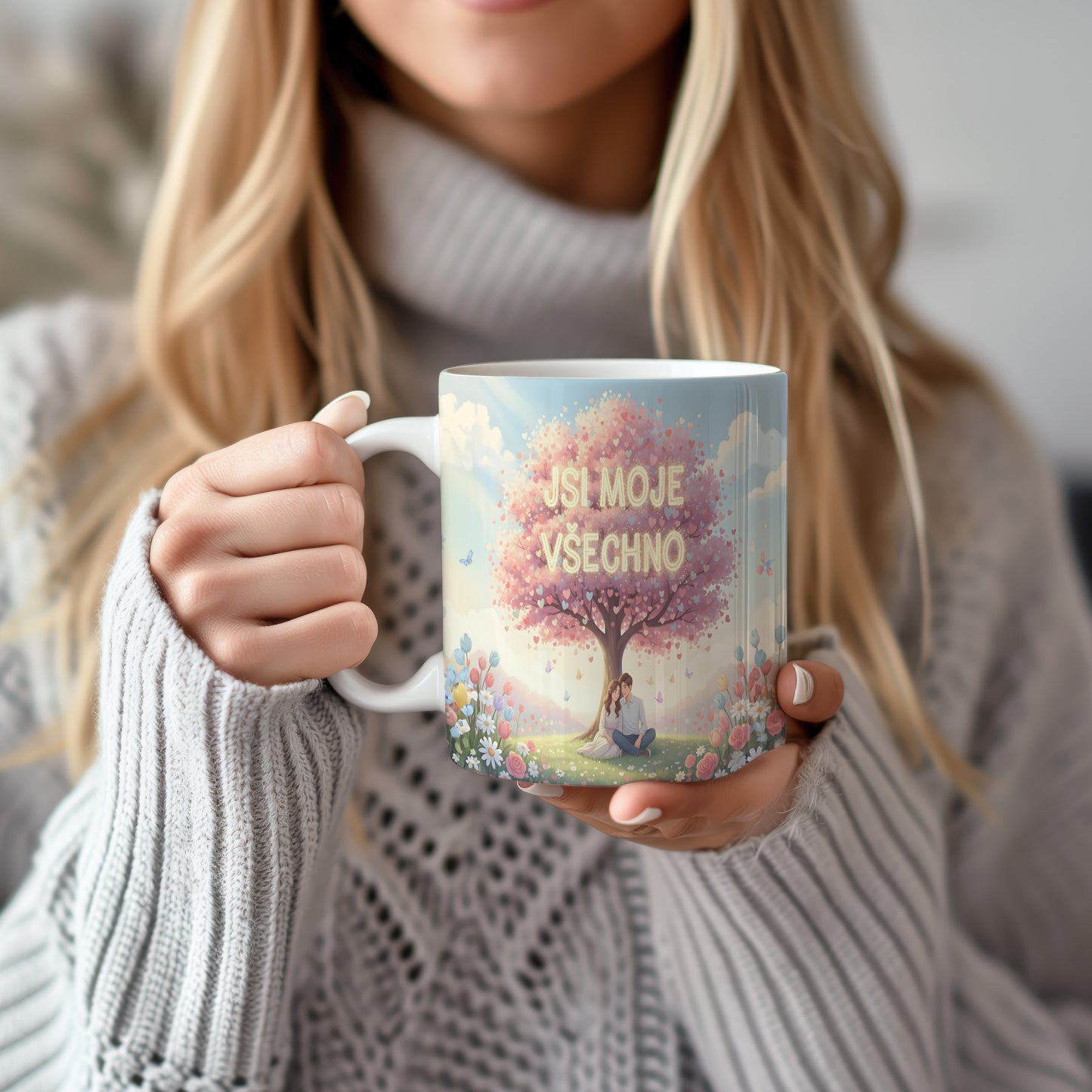 Hrnek s motivem zamilovaného páru pod stromem srdcí.