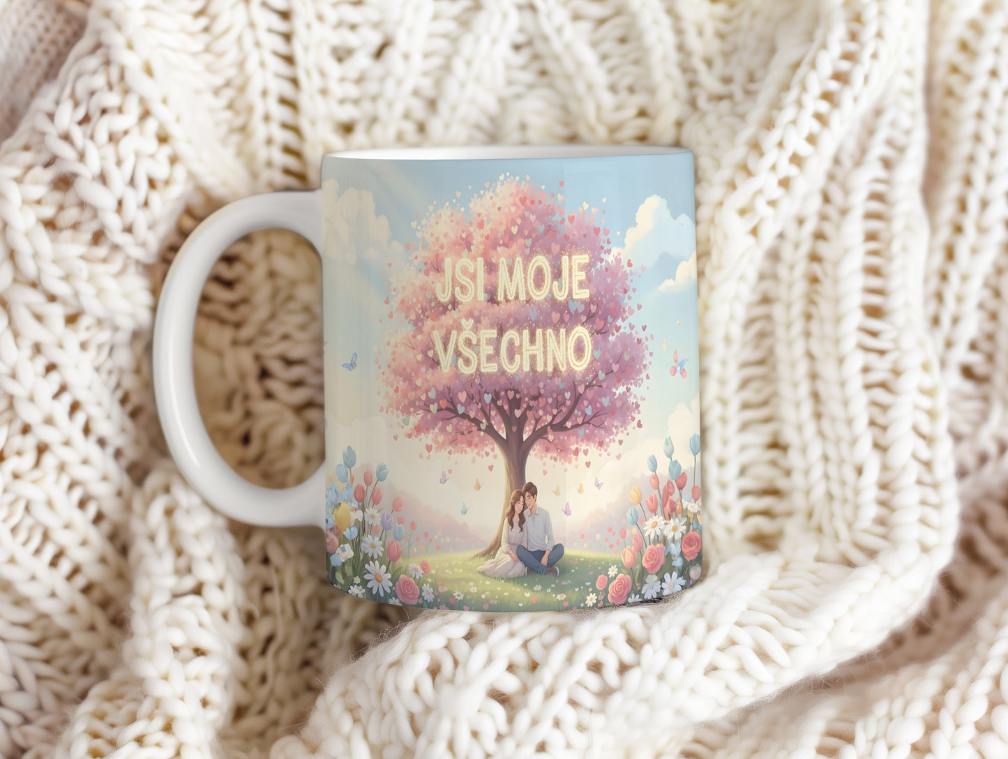 Hrnek s motivem zamilovaného páru pod stromem srdcí.