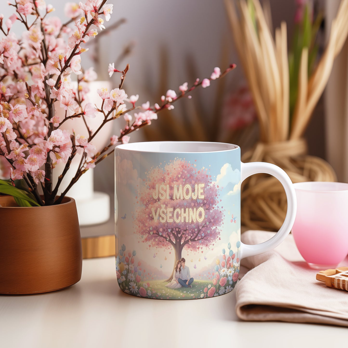 Hrnek s motivem zamilovaného páru pod stromem srdcí.