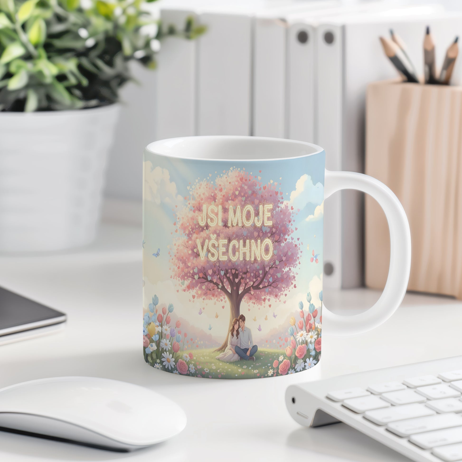 Hrnek s motivem zamilovaného páru pod stromem srdcí.