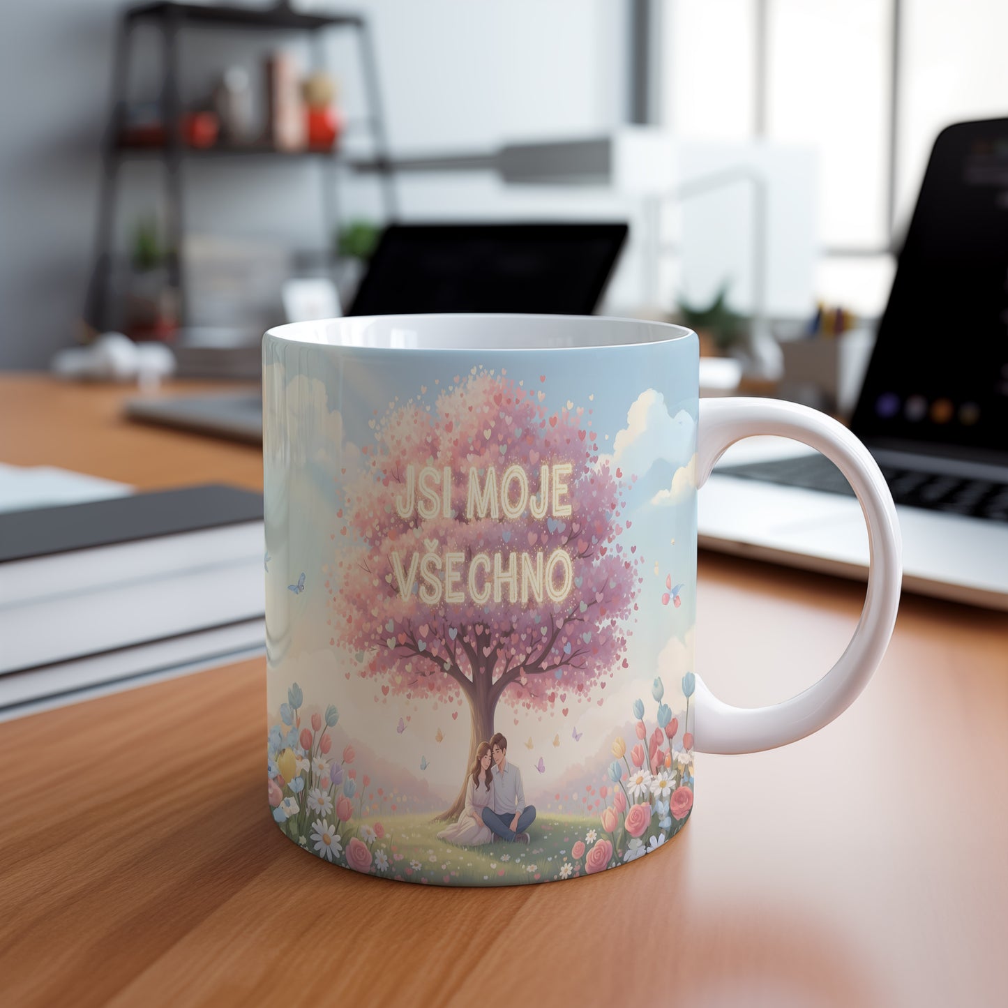 Hrnek s motivem zamilovaného páru pod stromem srdcí.