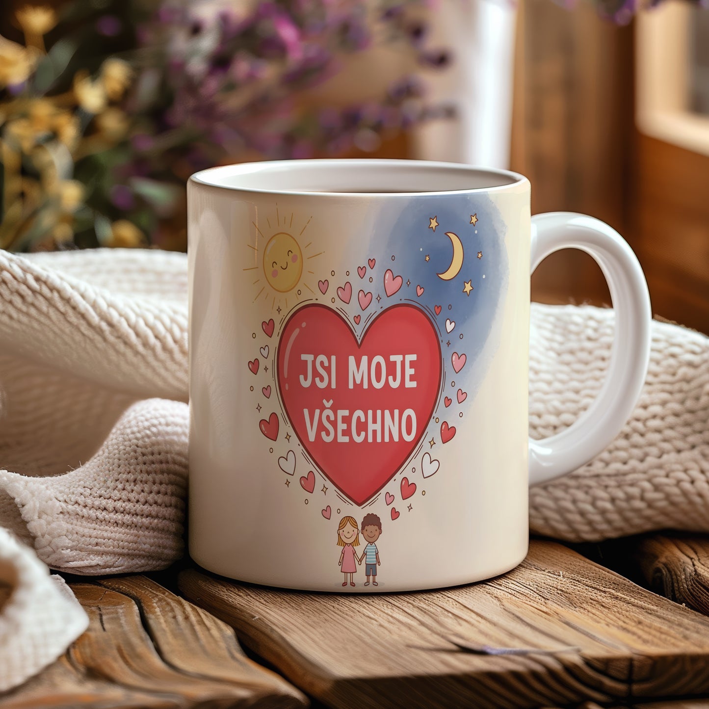 Hrnek s červeným srdcem a nápisem 'JSI MOJE VŠECHNO' na pastelovém pozadí.