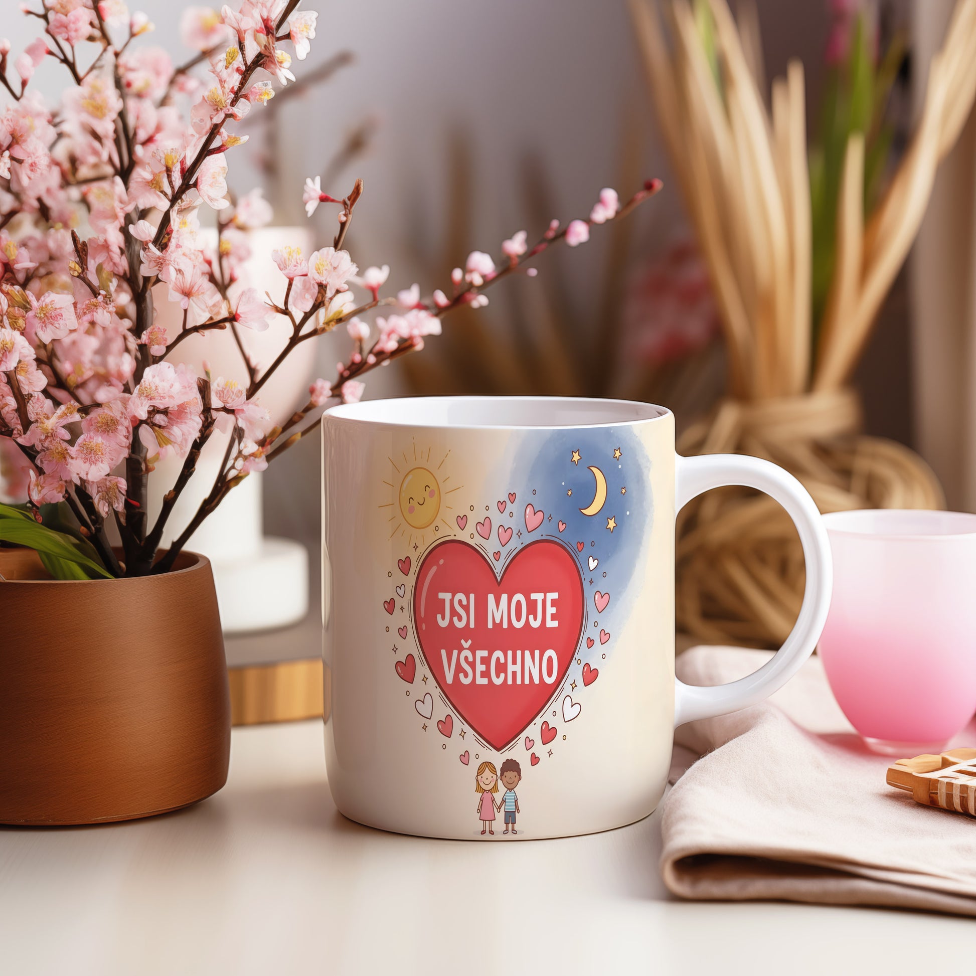 Hrnek s červeným srdcem a nápisem 'JSI MOJE VŠECHNO' na pastelovém pozadí.