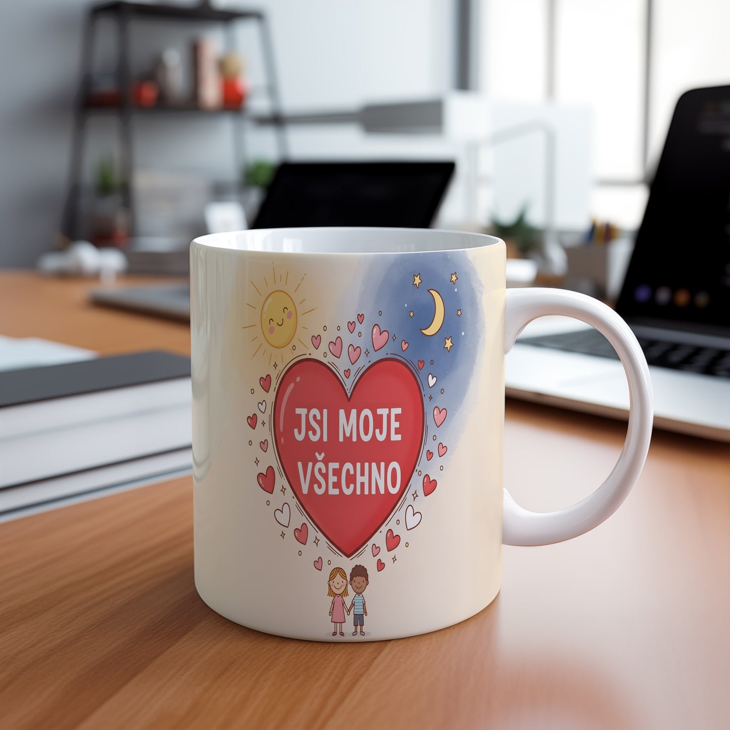 Hrnek s červeným srdcem a nápisem 'JSI MOJE VŠECHNO' na pastelovém pozadí.