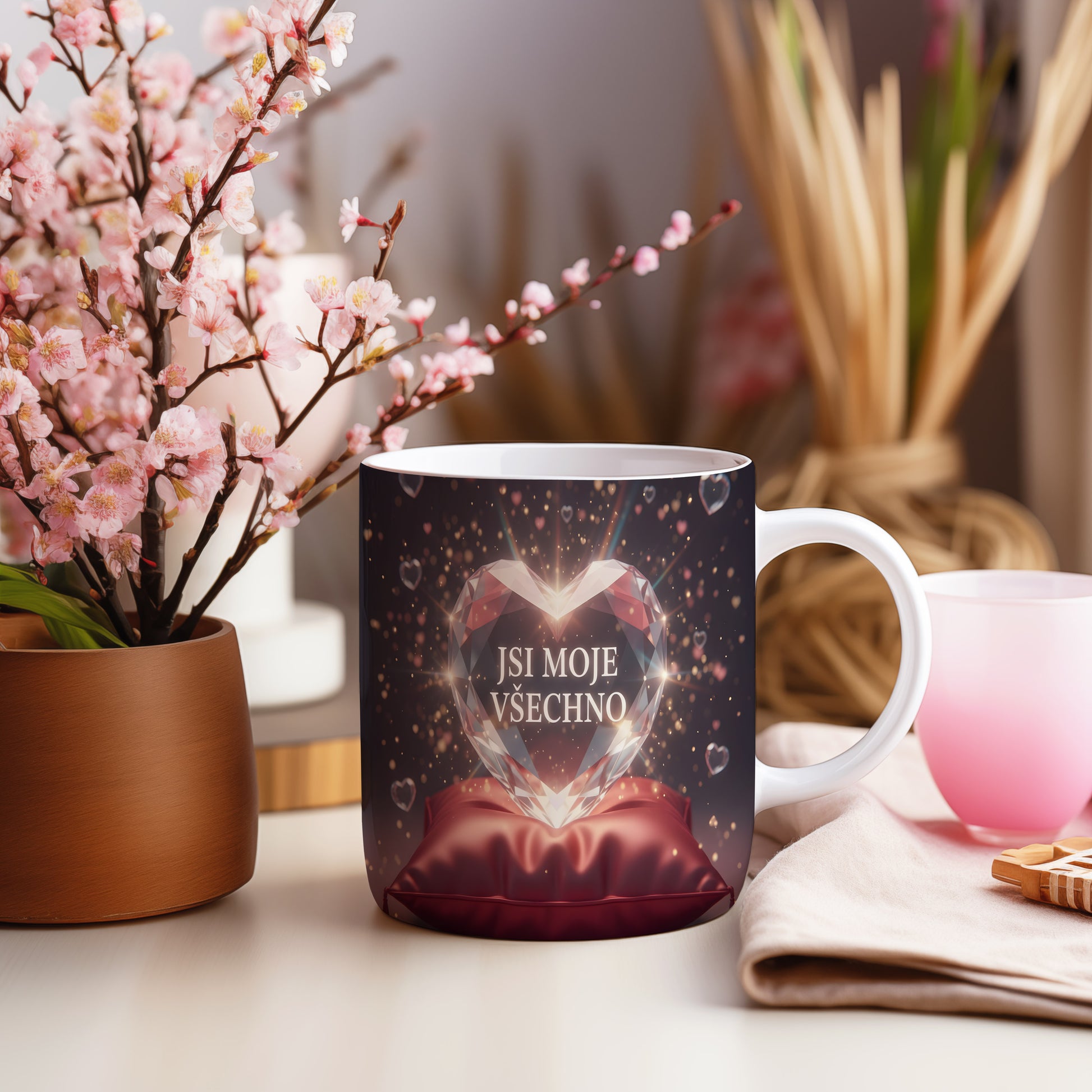Hrnek s diamantovým srdcem a nápisem JSI MOJE VŠECHNO na temném pozadí.