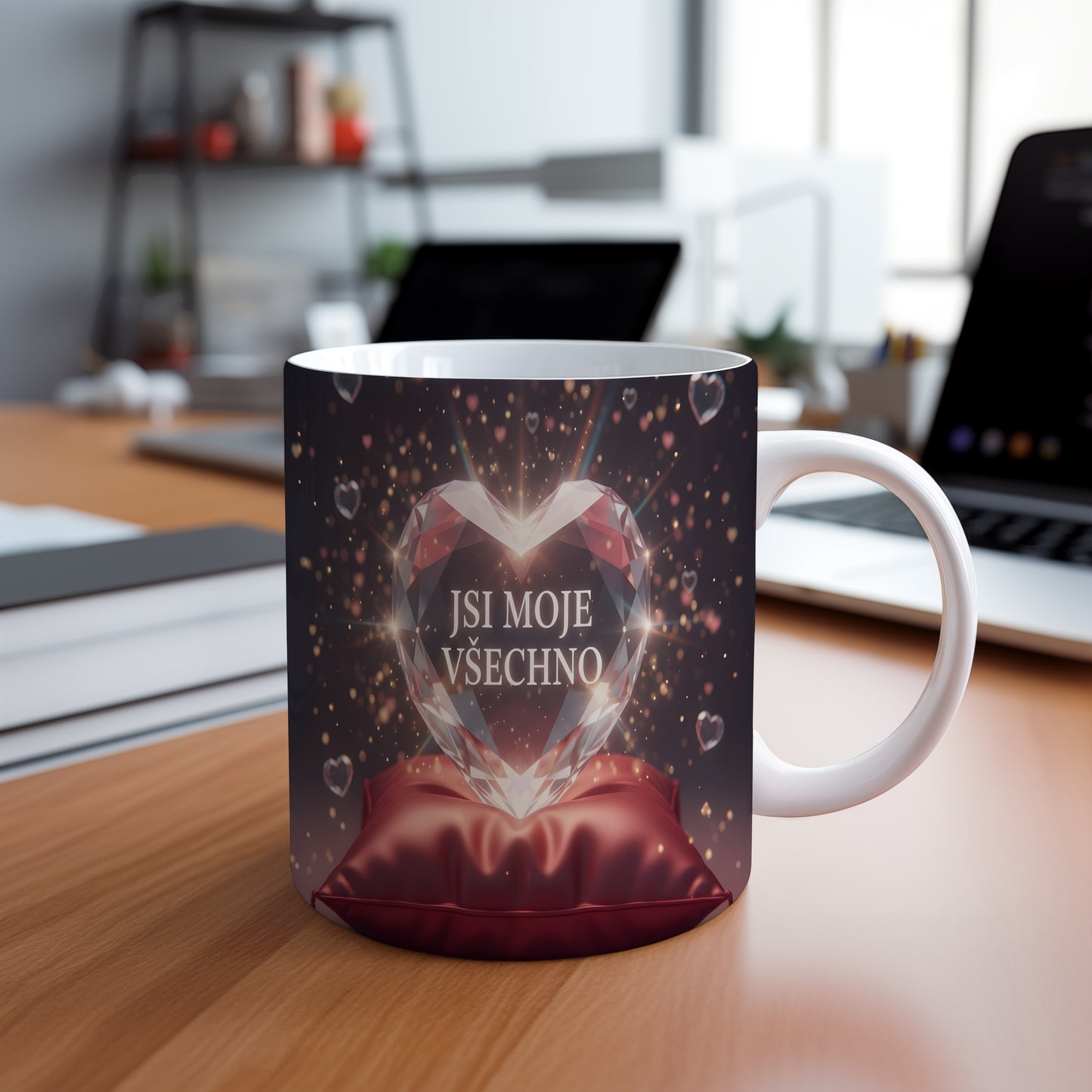 Hrnek s diamantovým srdcem a nápisem JSI MOJE VŠECHNO na temném pozadí.