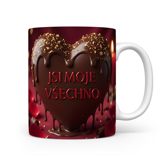 Hnědé srdce s čokoládovými kapkami a zlatými třpytkami na červeném pozadí.