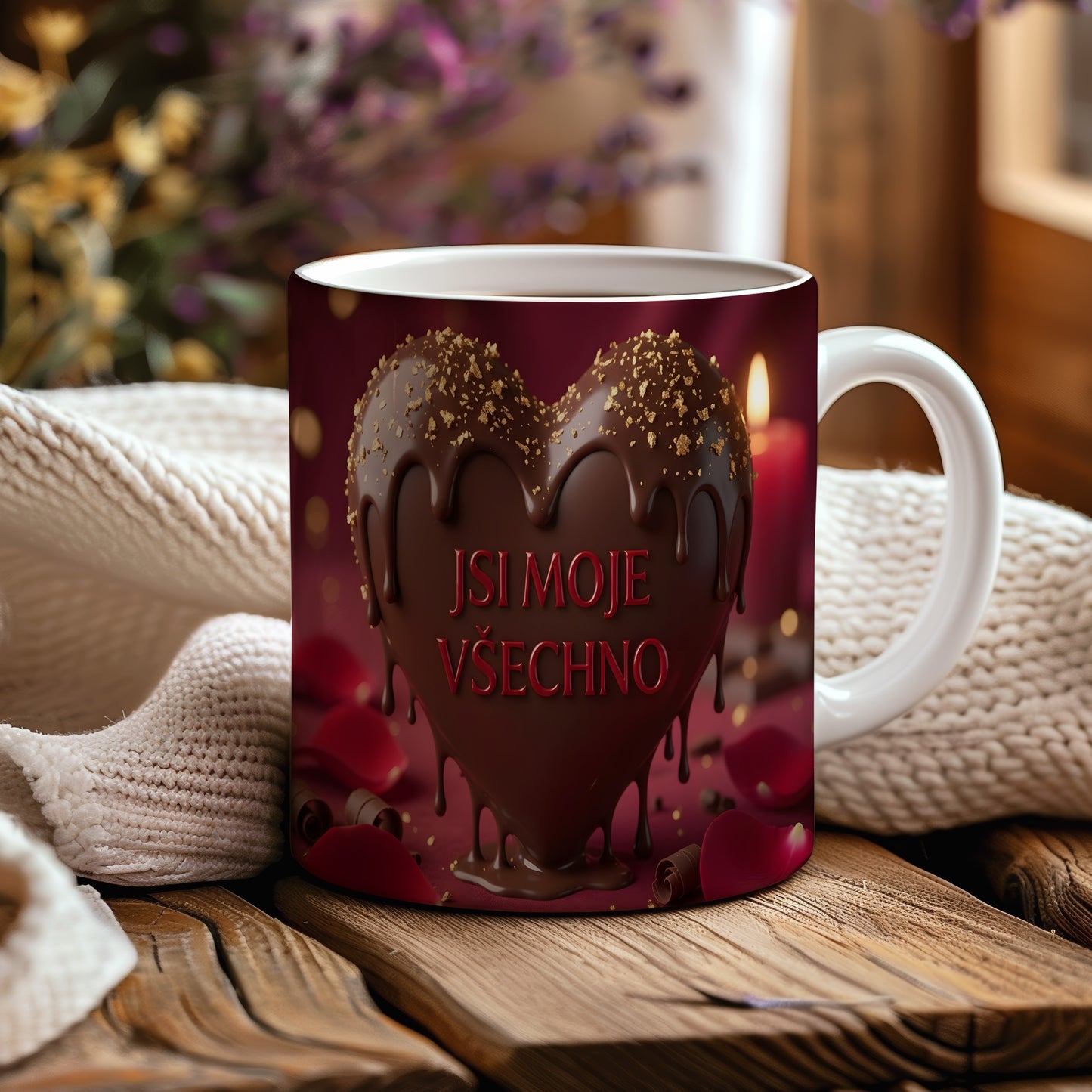 Hnědé srdce s čokoládovými kapkami a zlatými třpytkami na červeném pozadí.