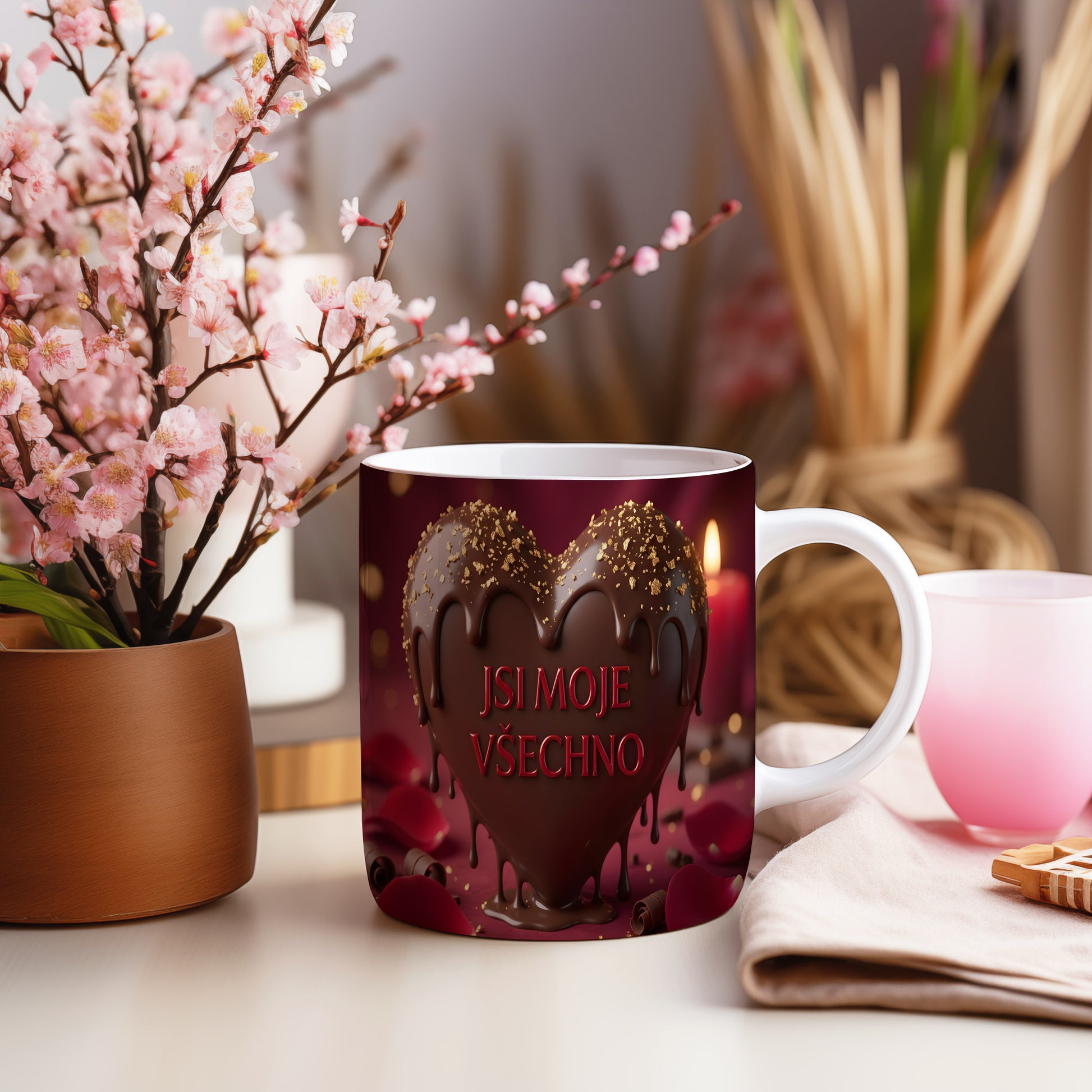 Hnědé srdce s čokoládovými kapkami a zlatými třpytkami na červeném pozadí.