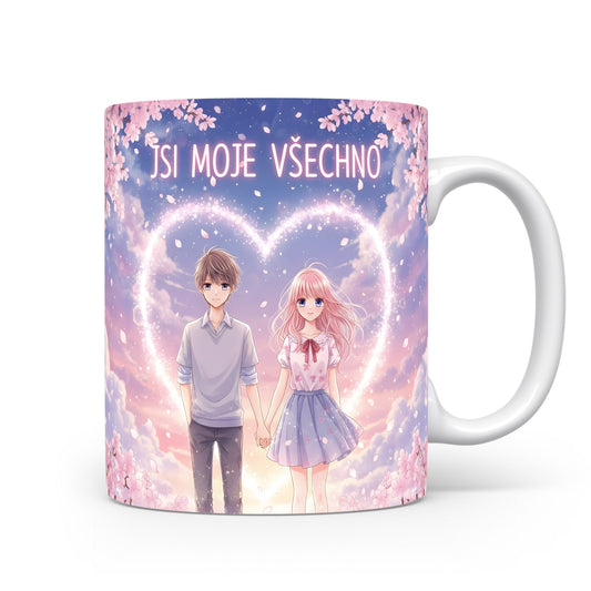 Romantický hrnek s motivem srdce a páru pod květinami.