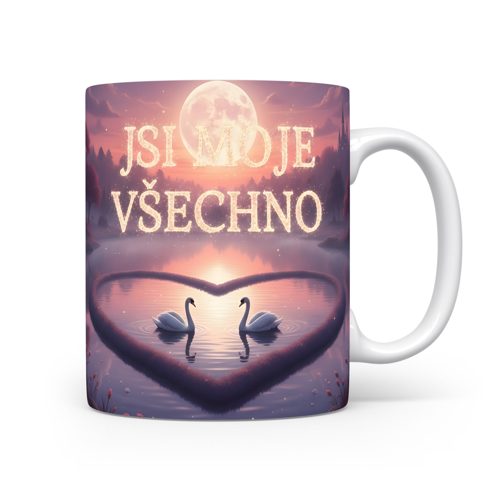 Hrnek s labutěmi a měsícem v pastelových barvách.